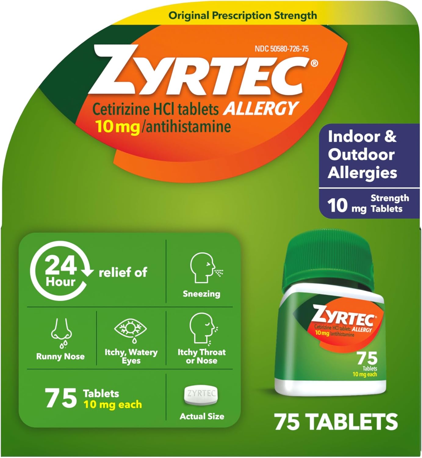 Zyrtec 24 Hour Allergy Medicine Tablets, Indoor & Outdoor Allergy Pills, Non Drowsy Antihistamine, 10 mg Cetirizine HCI, Relief from Runny Nose, Sneezing, Itchy & Watery Eyes, 75 ct