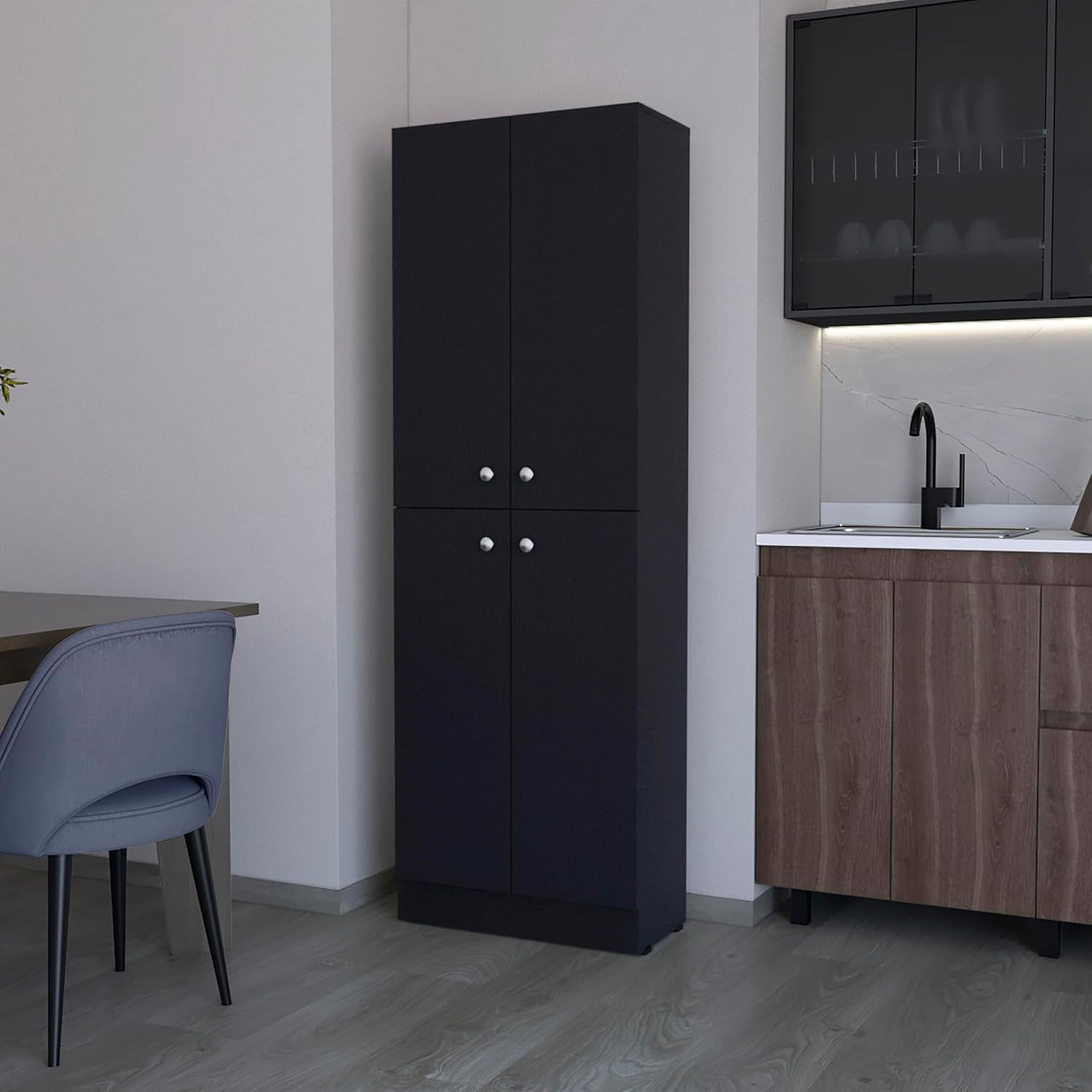 Stylish and Functional Pantry Cabinet for Kitchen Organization, 4 Doors and 5 Versatile Shelves, Modern Black Finish