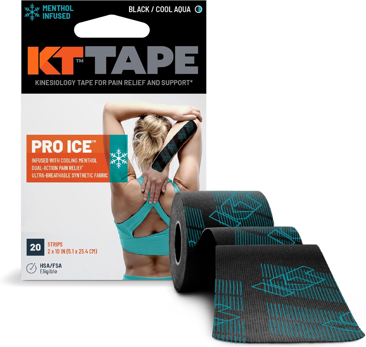 KT Tape, Pro Ice, Menthol Infused Kinesiology Tape, 20 Count, 10" Precut Strips, Black