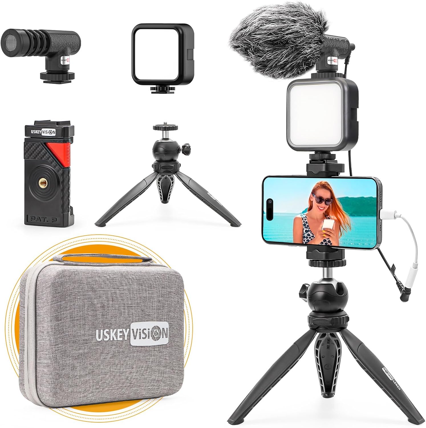 USKEYVISION Smartphone Vlogging Kit Video Kit for iPhone 15/14/13 Mini/Pro/Max, Android Smartphone w/Microphone Light Auto-switch Phone Clip Combo for YouTube Tiktok Live Steam (Vlog K2)