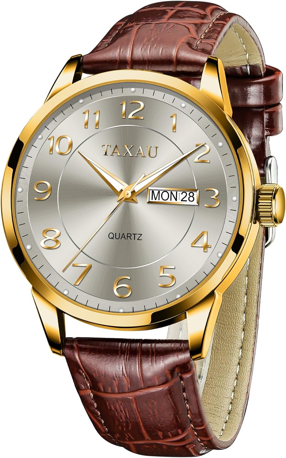 Mens Leather Watch Large Face Classic Quartz Mens Analog Watches Luxury Dress Watches for Men Waterproof Men's Wrist Watch with Date Number Dial Relojes para Hombre