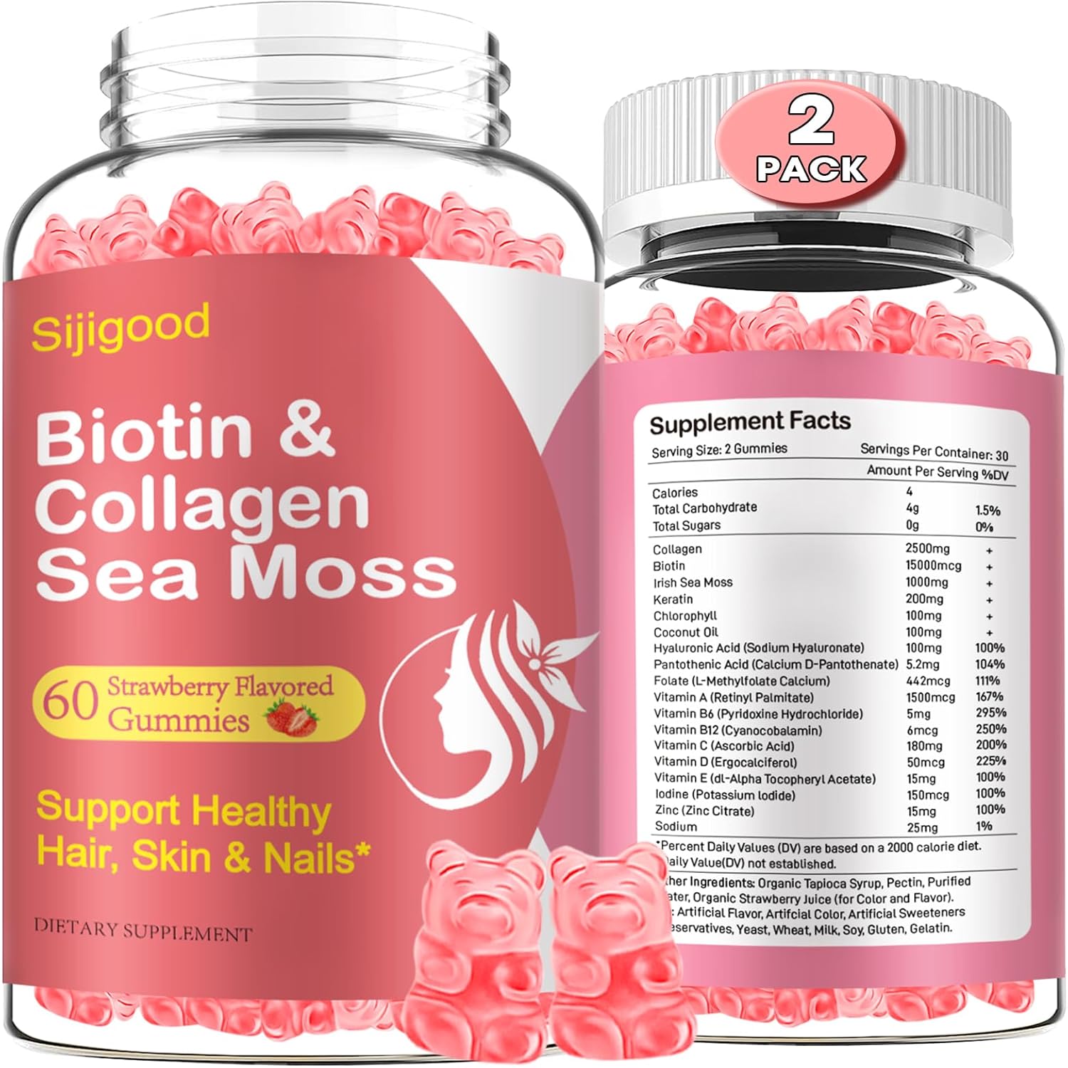 2 Pack Collagen Gummies for Women Men, 2500mg Protein Type I,II,III,V,X with 15000mcg Biotin, Keratin, Vitamin C A B6 B12 D E for Skin Hair Nails & Joints, Immunity Energy Digestion
