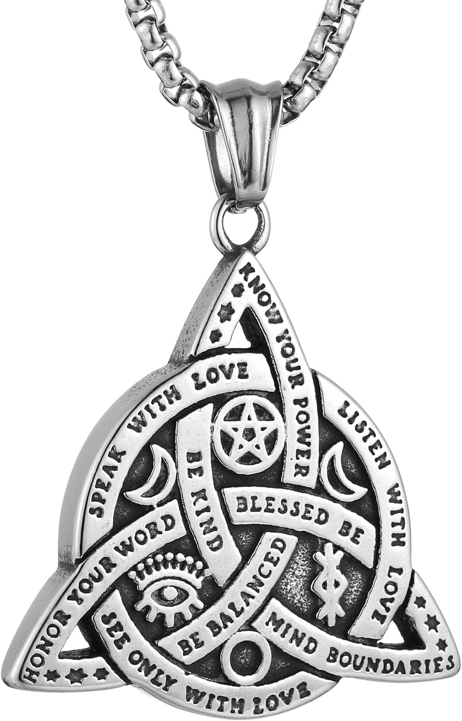 HZMAN Double Sided Stainless Steel Triple Goddess Triquetra Necklace Celtic Knot Irish Christian Trinity Knot Pendant