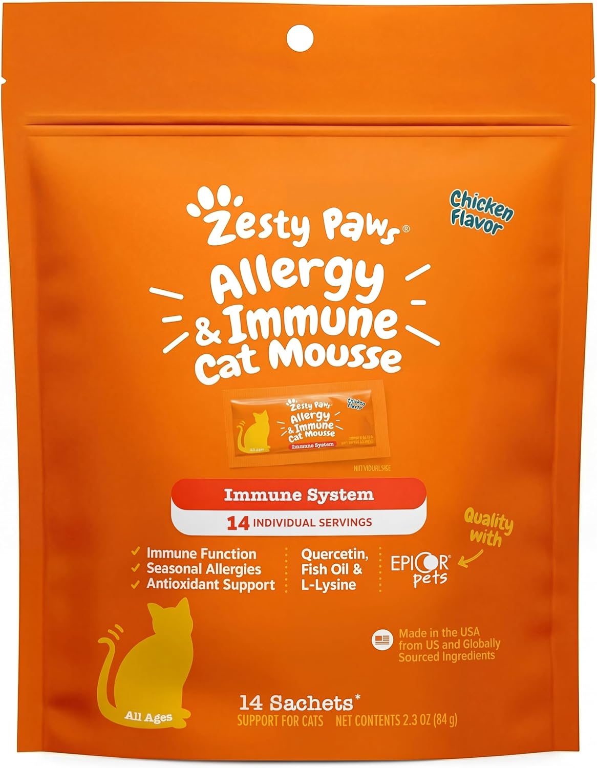 Zesty Paws Allergy & Immune Mousse - Cat Vitamins & Supplements Treats - Allergy Relief for Cats L-Lysine Squeeze up for Immunity, Skin Health & Antioxidant Support - Chicken 14ct