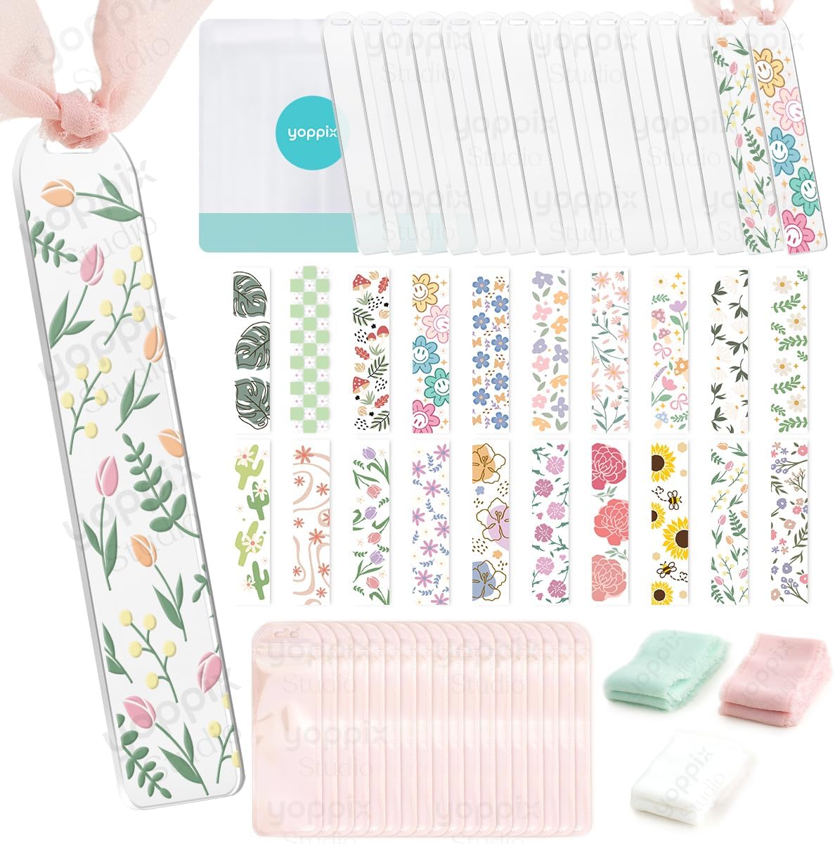 15 Pieces Acrylic Bookmark Blanks (3mm) Thicken Bookmark Making Kit with 20 Pcs Floral UV DTF Sticker, 15 Pcs Ribbon, Suitable for DIY Your Crafts Gifts