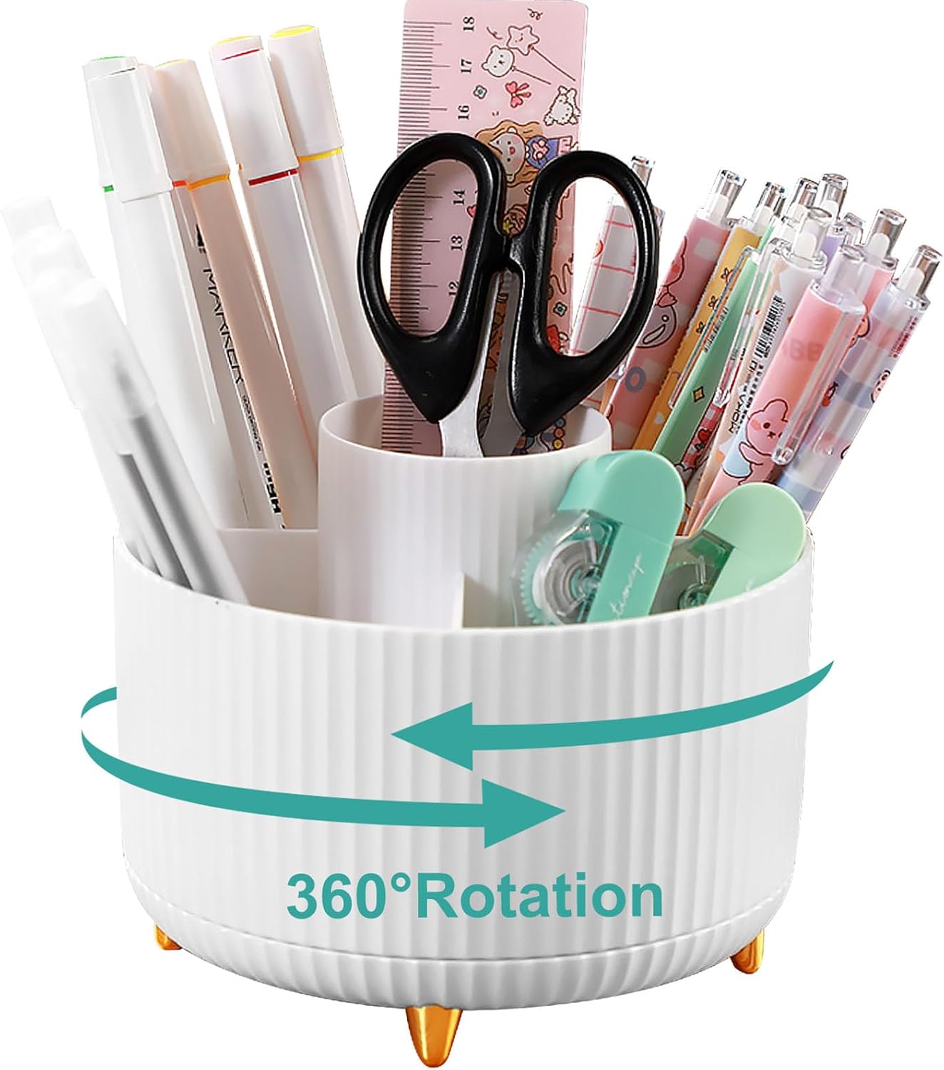 Lenfuos Rotating Pen Pencil Holder Desk Organiser - 360 Degree Pencil Pots Makeup Brush Holder with 5 Compartments for Home Office Supplies Desktop Tidying and Stationary Storage (White)