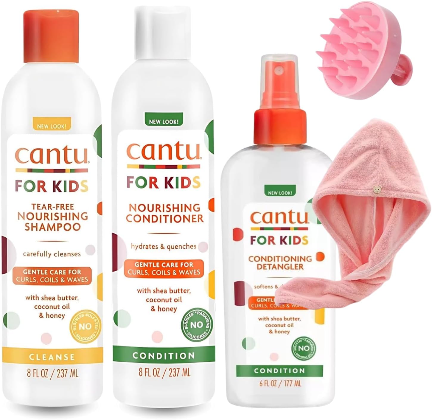 Cantu Kids Hair Care Bundle – Shampoo, Conditioner & Detangler Spray for Curly Hair + Microfiber Towel Wrap & Scalp Massage Brush – Kids Curly Hair Products, Moisturizing & Frizz Control Set