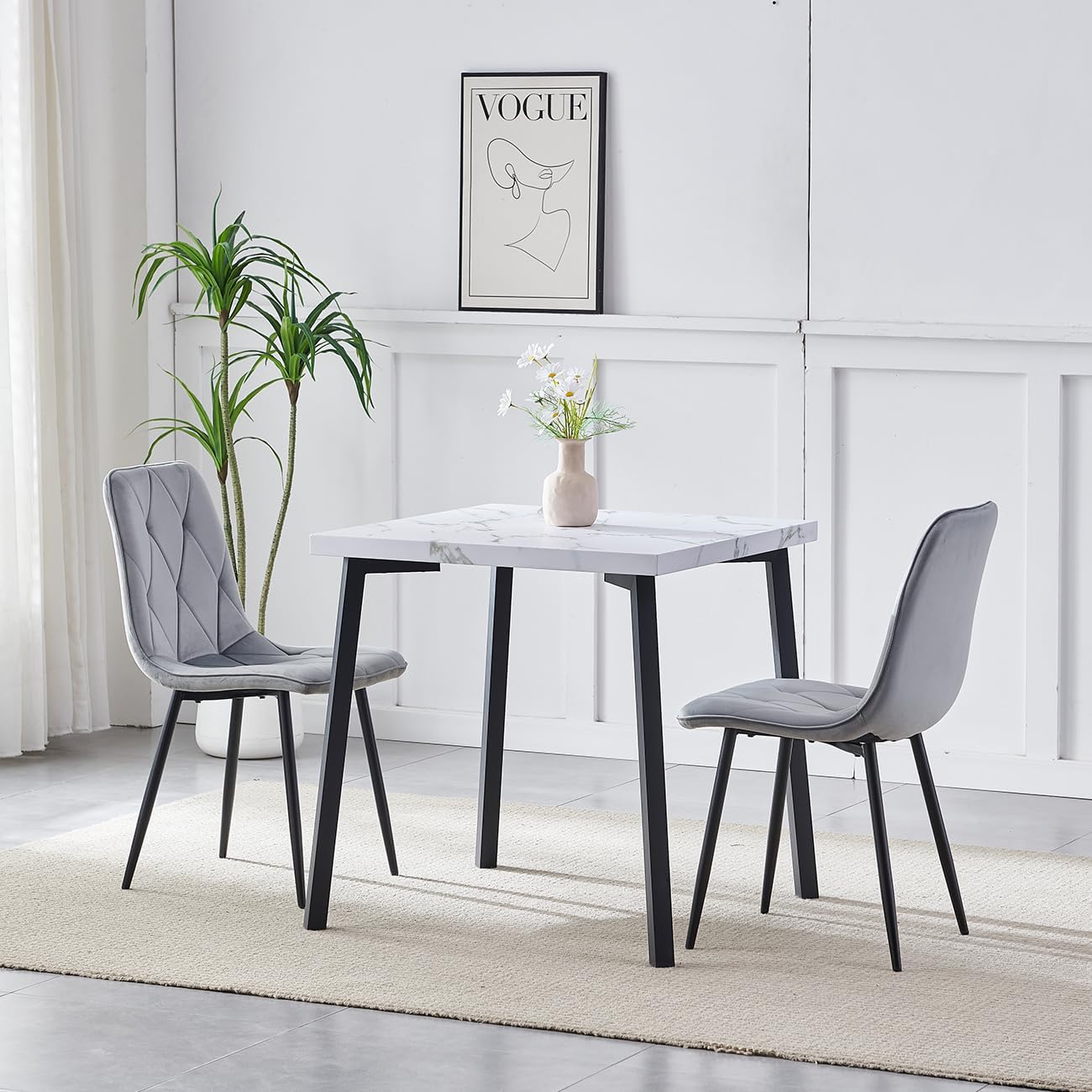 Redd Royal Small White Marble Square Dining Table and Grey Velvet Chairs Set of 2, Modern 3-Piences Kitchen Table with Chairs Set for 2 People Usage Apartment Restaurant (table with 2 grey chairs)