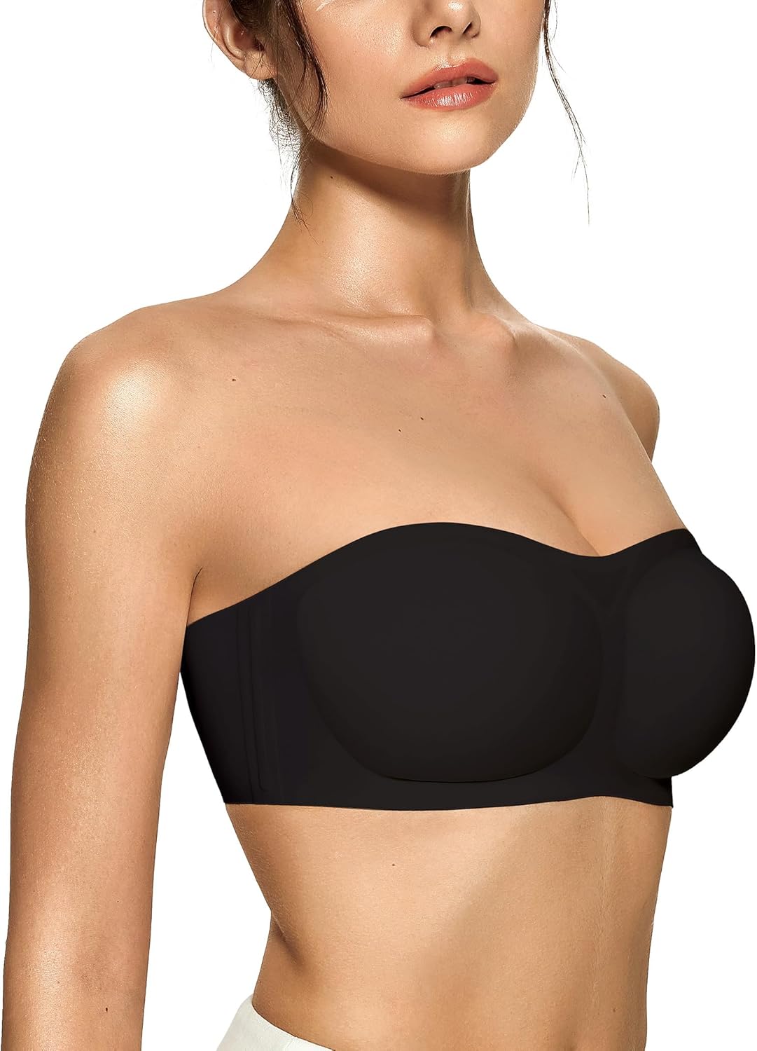 OEAK Womens Strapless Bras Push Up Bandeau Bra Non Slip Wireless Supportive Padded Bras Seamless Comfortable Tube Bra Black XL