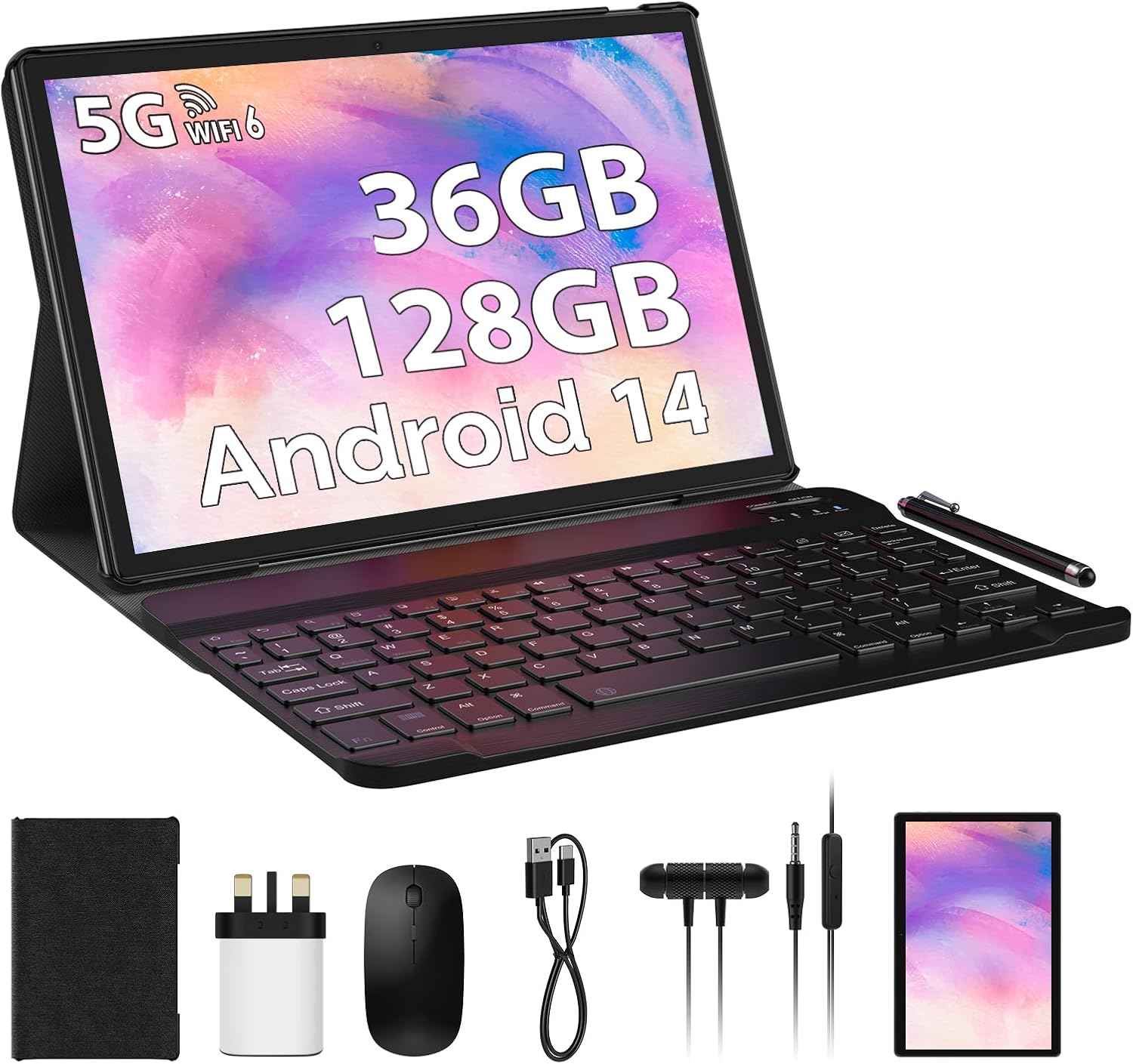 LINROM 10 Inch Android 14 Tablet with 5G WiFi & WiFi 6, 36GB RAM+128 GB ROM(1TB Expandable), Octa Core, 8000mAh, 5MP+8MP, FHD, WLAN, Bluetooth, GPS, Tablet with Keyboard ect (Gray)