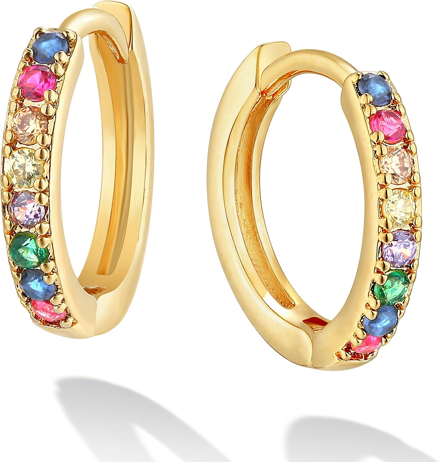 Dremmy Studios Dainty CZ Huggie Hoop Earrings 14K Gold Plated Chunky Simple Cute Thick Round Frill Bead Ball Starburst Cuff Earrings Cubic Zirconia Hoop Earrings Minimalist Personalized Gift for Her