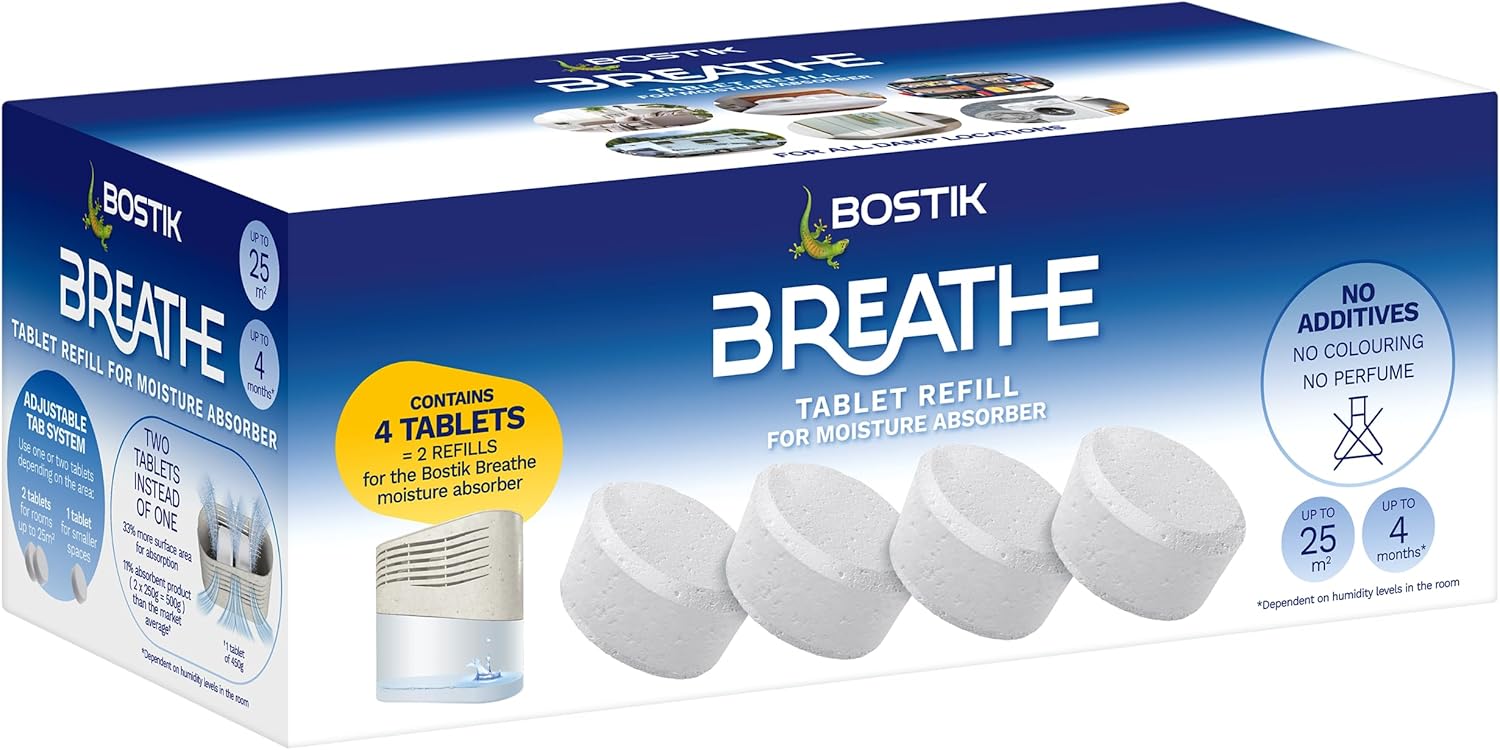 Bostik Breathe Dehumidifier Refill Tablets Pack of 4 - Cover Areas Up to 25m2 - Dye-Free and Fragrance Free - For Use Around The Home and in Caravans and Motorhomes - Last up to 4 Months