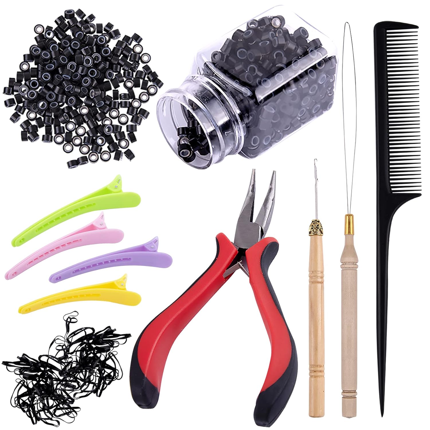 Duufin Hair Extensions Kit 500 Pcs Black Micro Ring Beads 1 Hair Extension Plier 2 Hook Needle Pulling Loop 4 Plastic Alligator Hair Clips 1 Comb and 2 Bags Black Mini Rubber Hair Elastic