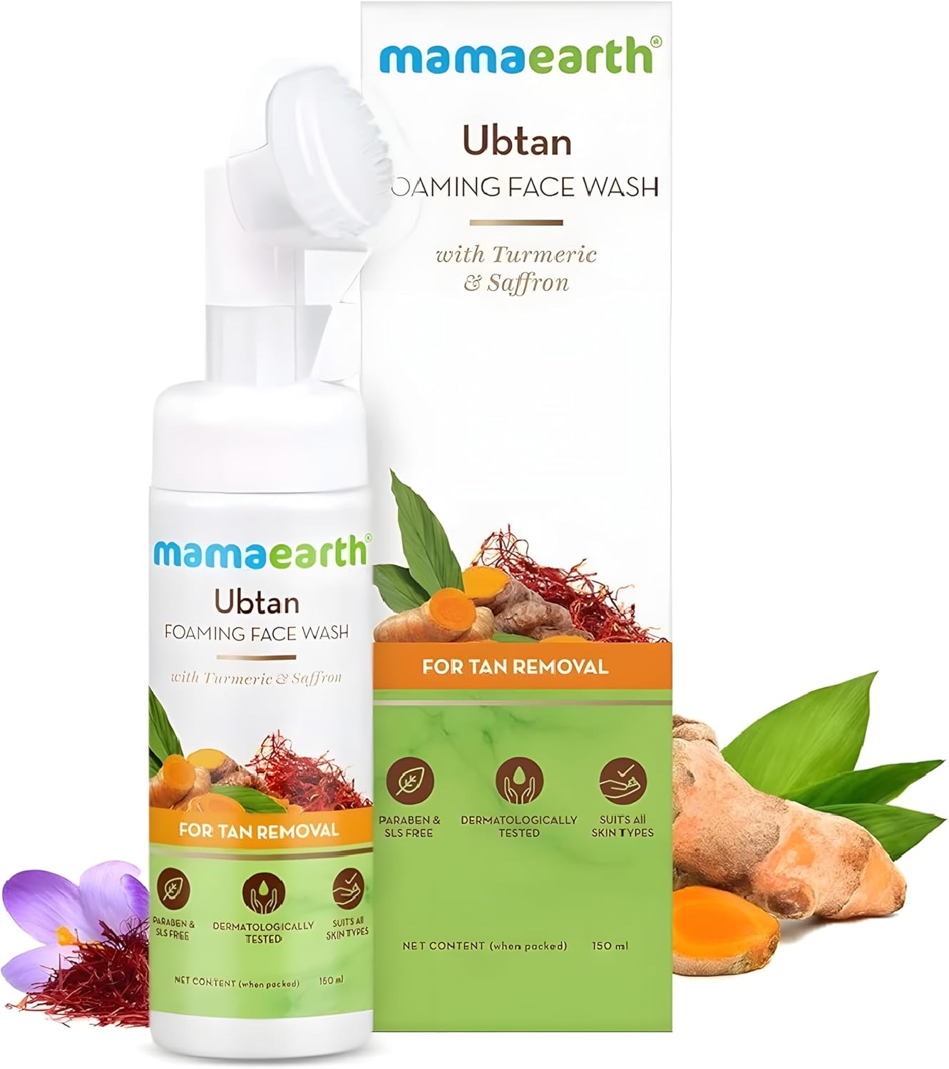 Mamaearth Ubtan Foaming Face Wash with Brush with Turmeric & Saffron for Tan Removal CLEAR 150 ml (Pack of 1)