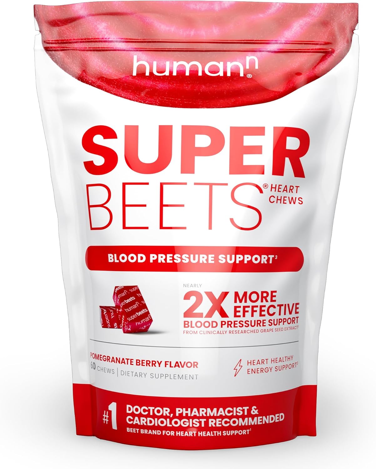 humanN SuperBeets Heart Chews, Nitric Oxide and Blood Pressure Support, Grape Seed Extract & Non-GMO Beet Root Powder Energy Chews, Super Beets Heart Chews, Pomegranate Berry Flavor, 60 Count