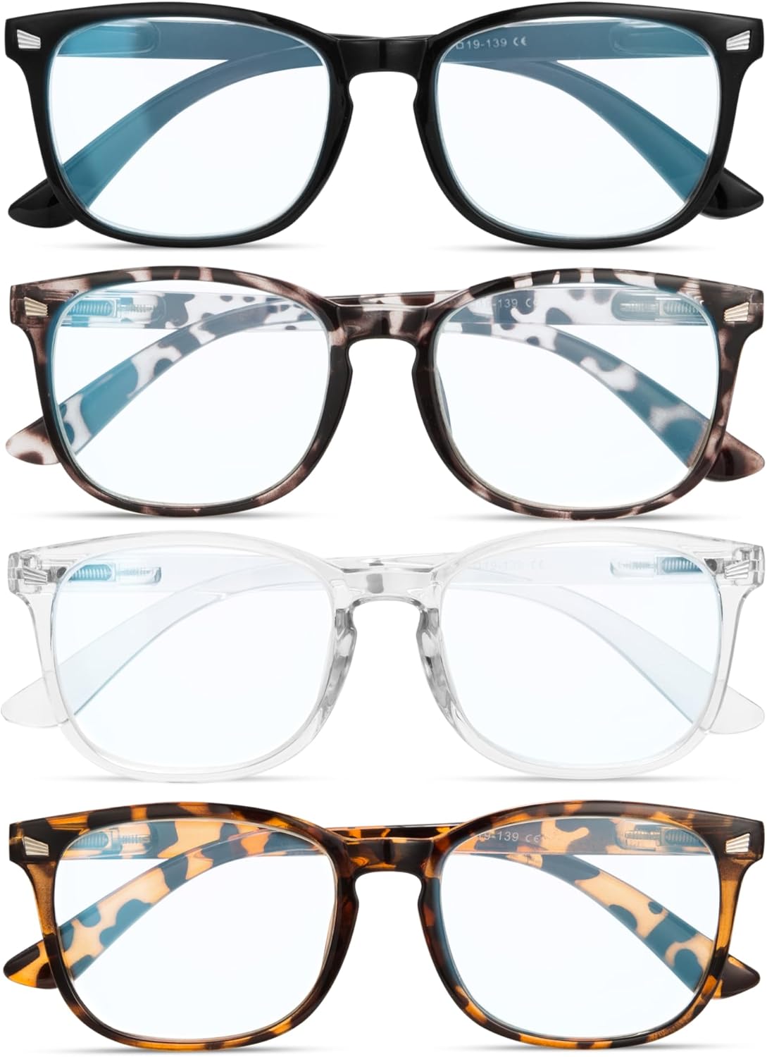 4 Pack Reading Glasses for Women and for Men, Blue Light Blocking Readers, Computer Bluelight Eyeglasses