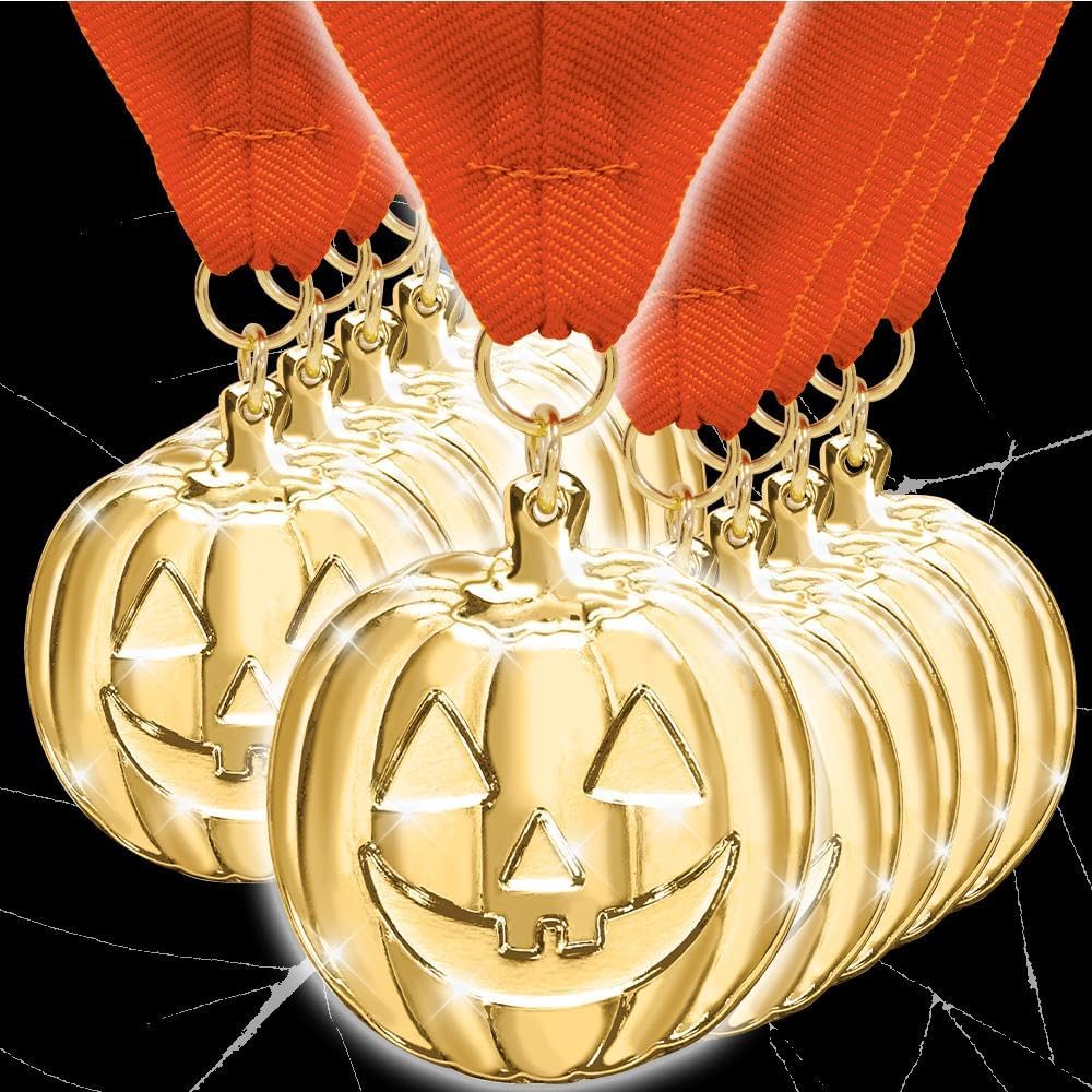 Halloween Pumpkin Gold Medals with Orange Ribbon Value Pack, Halloween Medal Awards & Trophy Medals