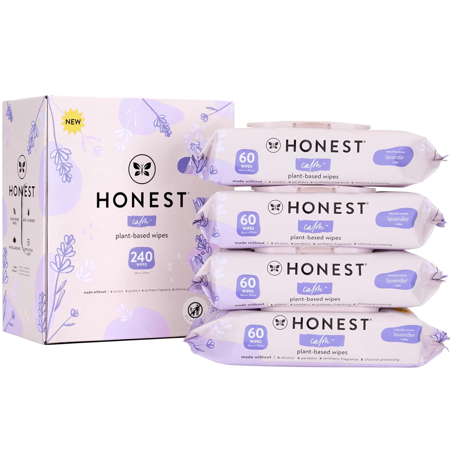 The Honest Company Calm + Cleanse Naturally Scented Wipes | Cleansing Multi-Tasking Wipes | 99% Water, Plant-Based, Hypoallergenic | Lavender, 240 Count