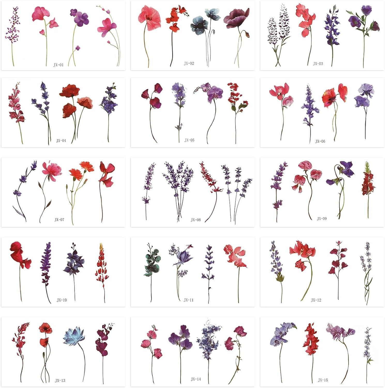 Lusofie 15 Sheets Flower Tattoos Temporary Watercolor Lavender Lily Violet Verbena Floral Temporary Tattoos Fake Tattoo Stickers for Women Face Body Arm