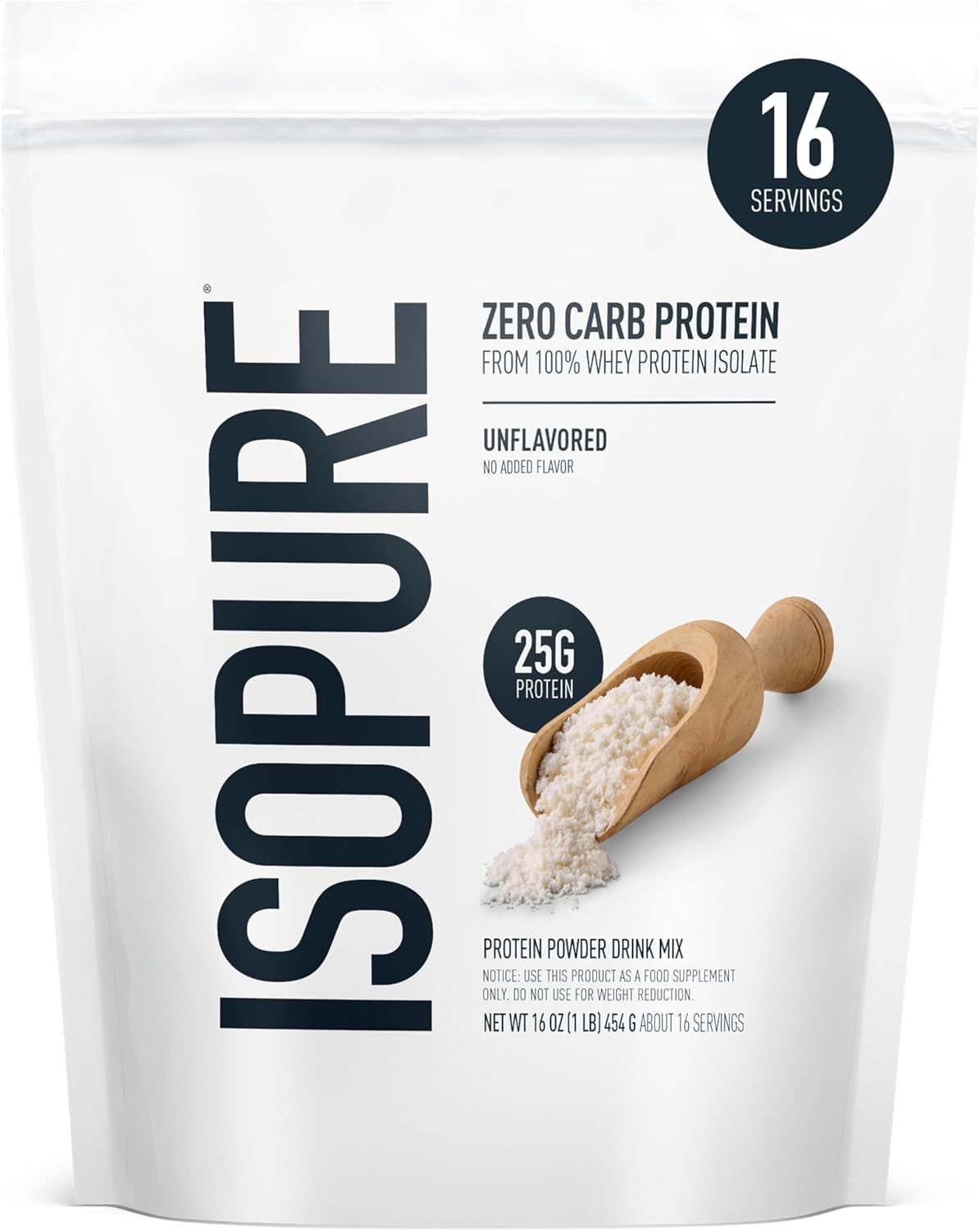 Isopure Zero Carb 100% Pure Whey Isolate Protein Powder, Lactose Free, Gluten Free, With Vitamins, Unflavored, 25g Protein Per Serving, 1 Lb, 16 Servings (Packaging May Vary)