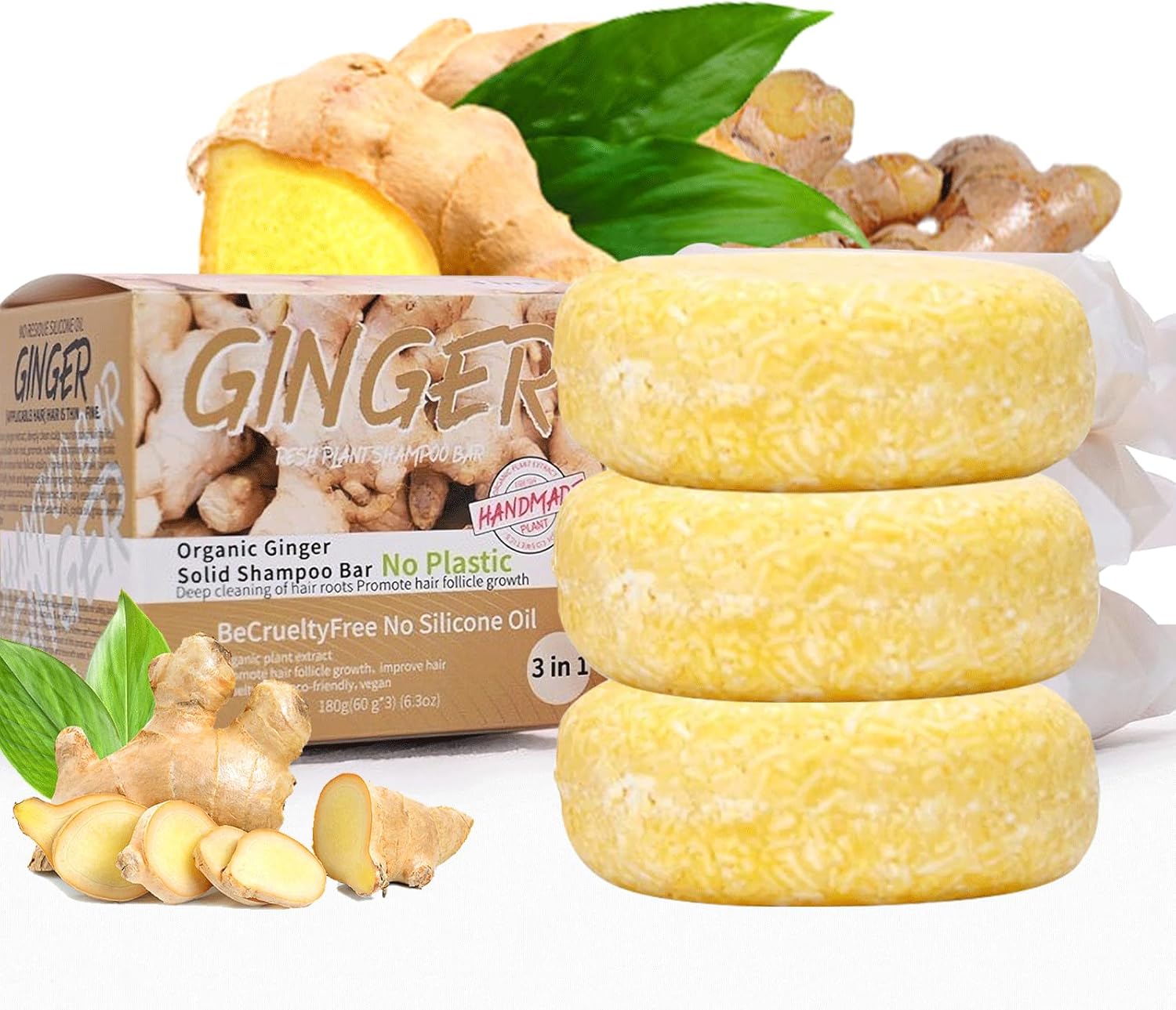 3PCS Ginger Hair Regrowth Shampoo Bar, Organic Shampoo For Hair Loss, Ginger Shampoo, Anti Dandruff Shampoo Bars, Anti Itching Solid Shampoo Bar, Ginger Shampoo Bar