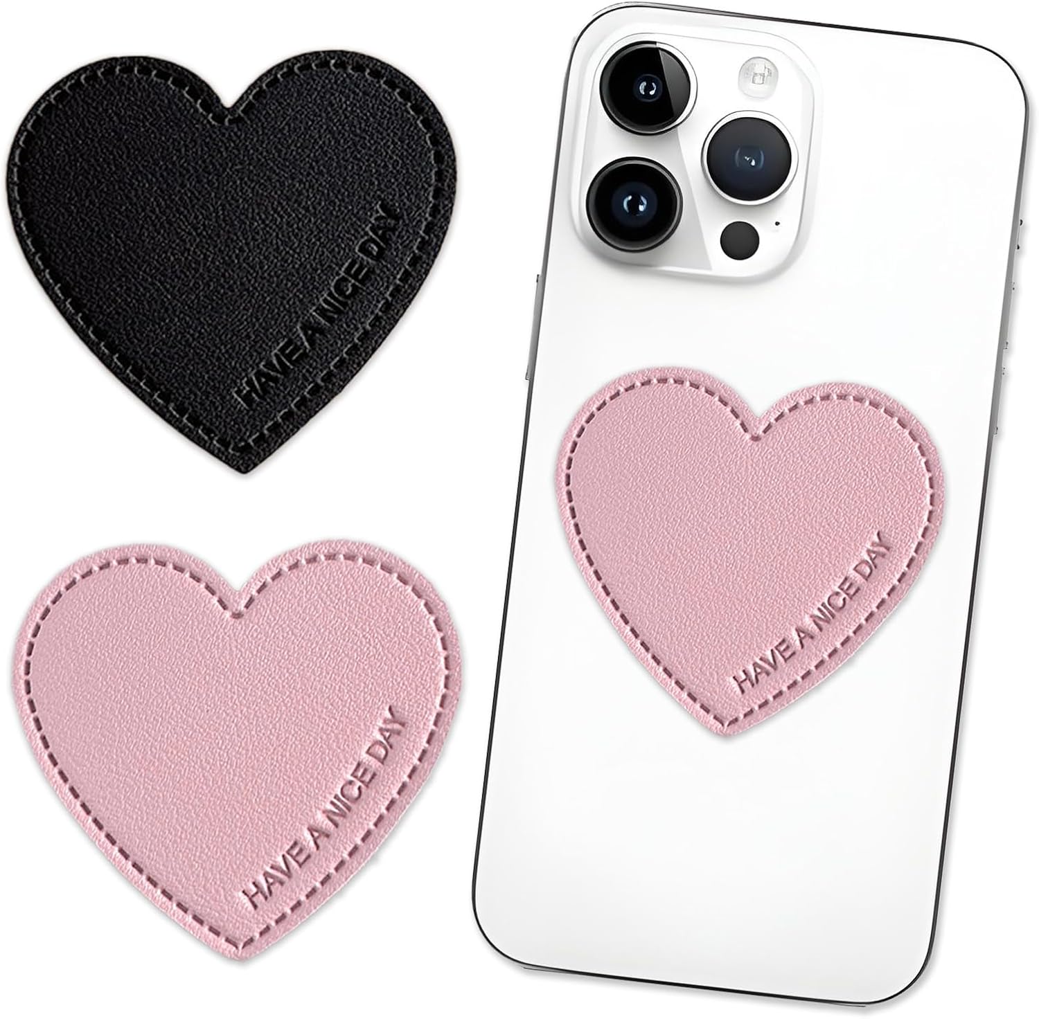 2PCS Universal Heart-Shaped Leather Phone Grip Holder with Stand,Finger Grip with Kickstand - Compatible with Smartphones, Mobiles & Cases (Pink&Black)
