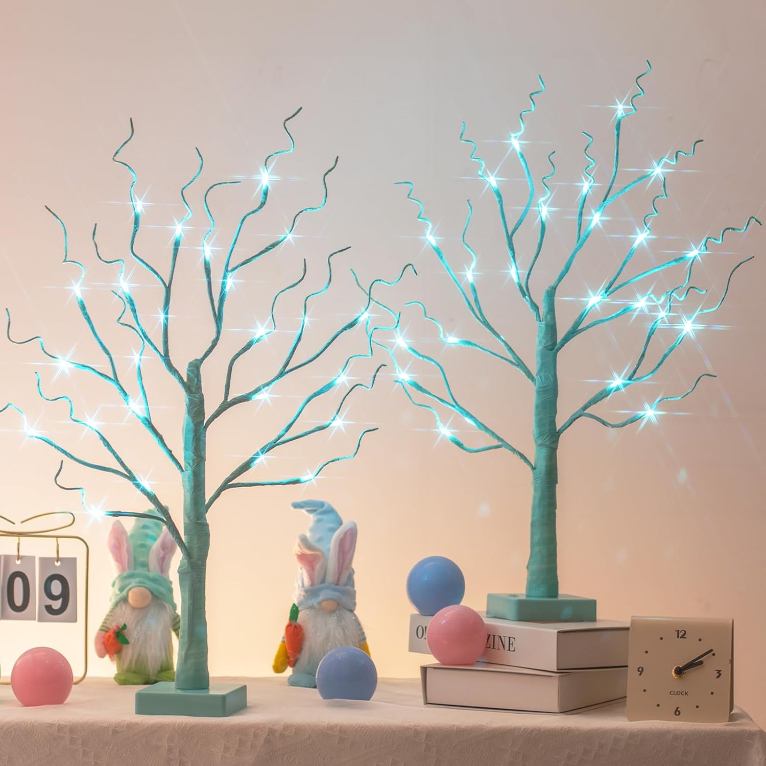 PEIDUO Blue-Green Trees Decorations for Home, 2PK Tree Light Battery Powered Timer, Lighted Mother's Day Decor, for Home Bedroom Living Room Fireplace Wedding Party Father's Day and Christmas