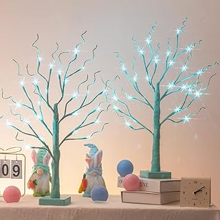 PEIDUO Blue-Green Trees Decorations for Home, 2PK Tree Light Battery Powered Timer, Lighted Mother's Day Decor, for Home Bedroom Living Room Fireplace Wedding Party Father's Day and Christmas