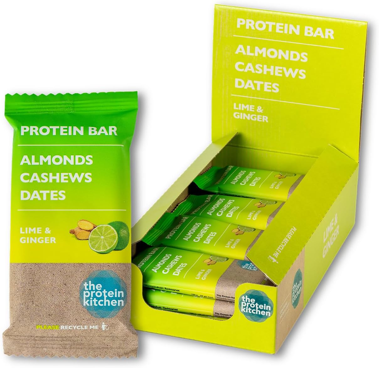 *NEW* The Protein Kitchen | Natural Protein Bar 12 x 50 g | Lime & Ginger 50 g | No Added Sugar and No Additives | 439136