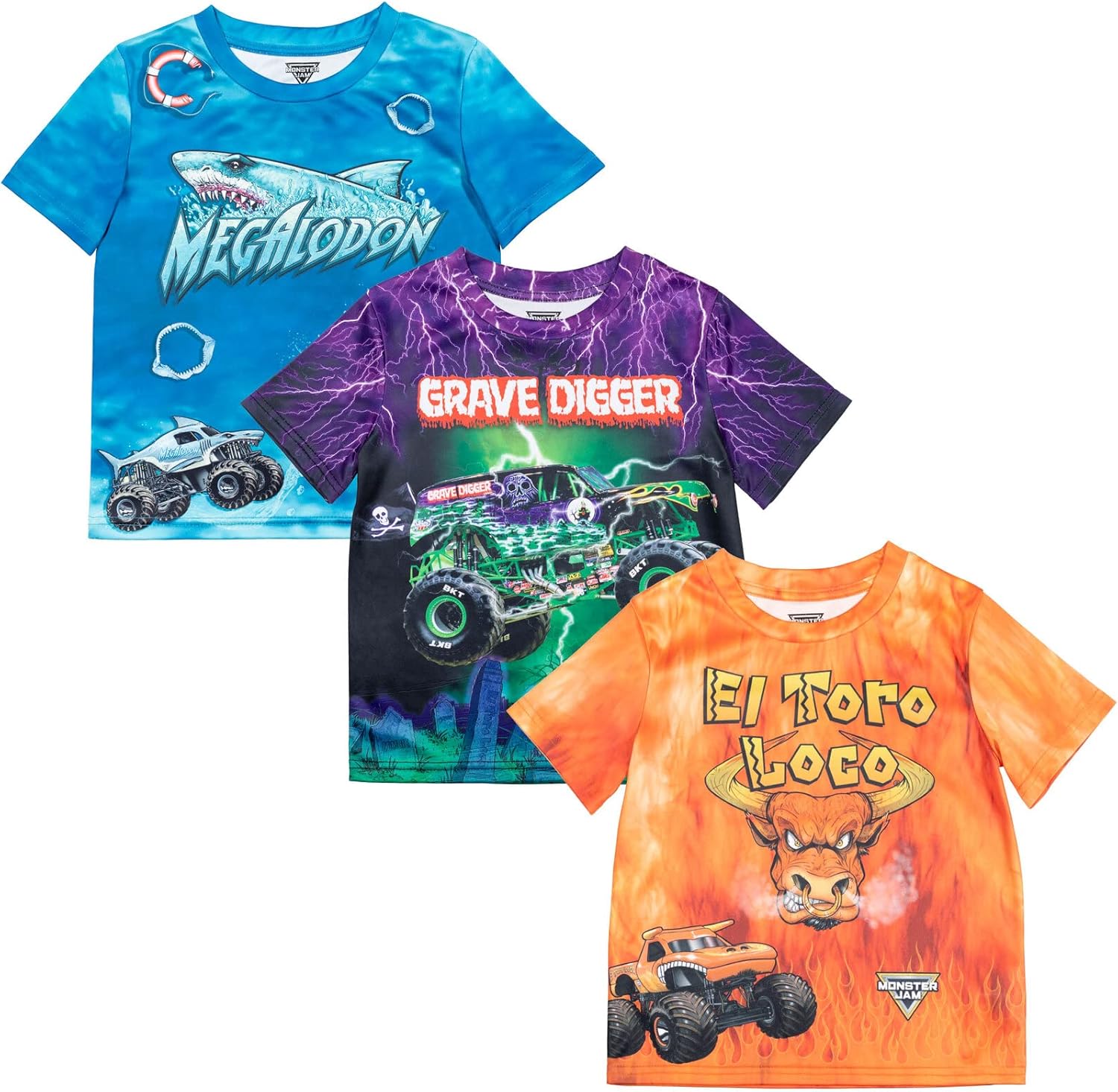 Monster Jam 3 Pack T-Shirts Toddler to Big Kid Grave Digger El Toro Loco Megalodon