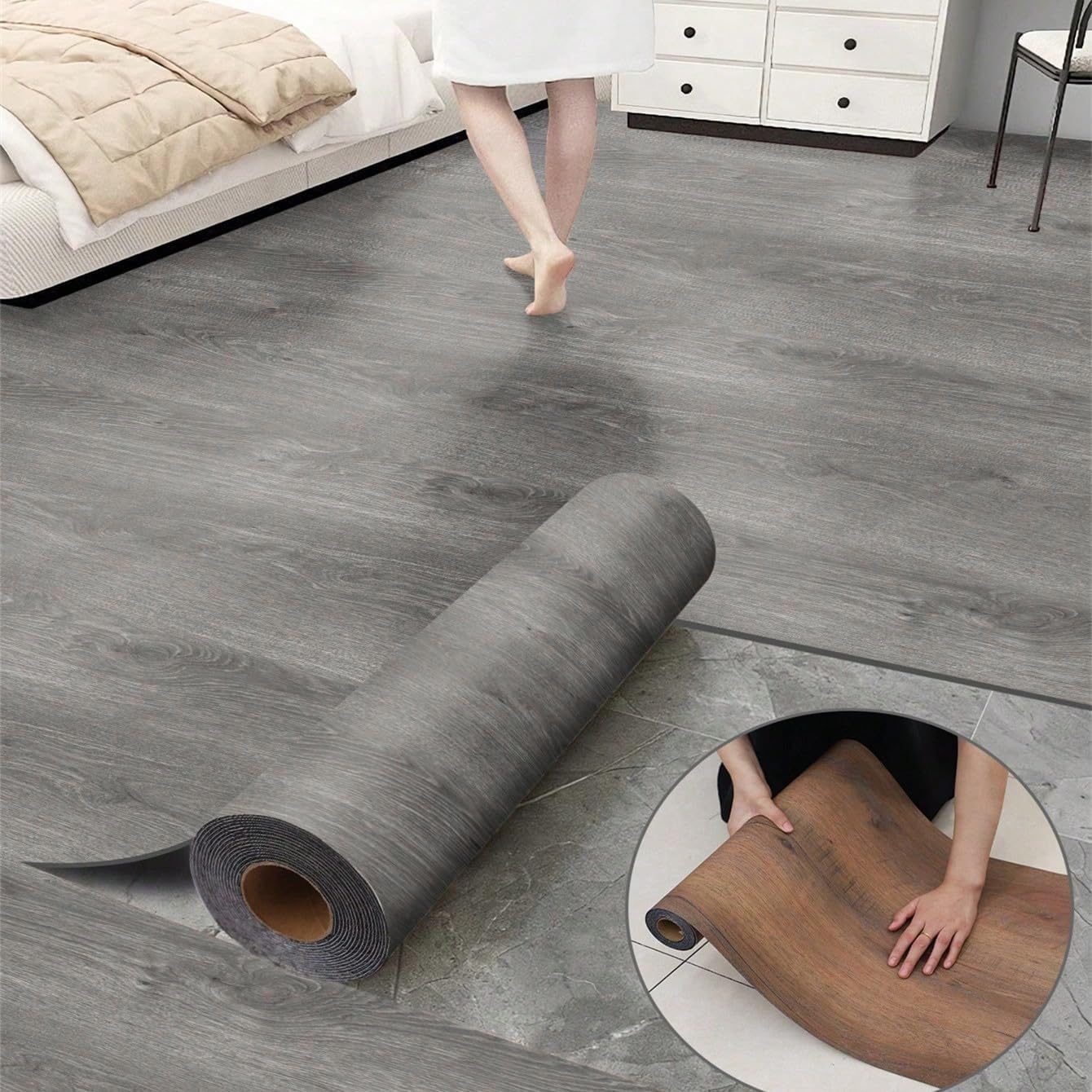 Wood Grain Peel and Stick Floor Tiles 17.72 "W x 118" L Thickened Self-Adhesive Vinyl Flooring Roll Waterproof, Anti Slip, and Anti Dent DIY Easy Installation ,Brown, Gray (Gray)