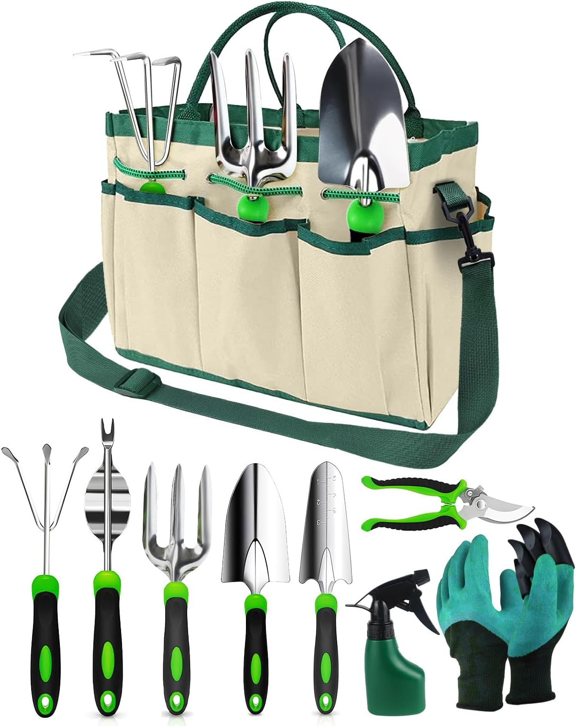 9 Pieces Garden Tools Set, Gardening Hand Tool with 2-in-1 Storage Bag, Gardening Kit with Non-Slip Handles, Heavy Duty Garden Tools for Women & Men - Green