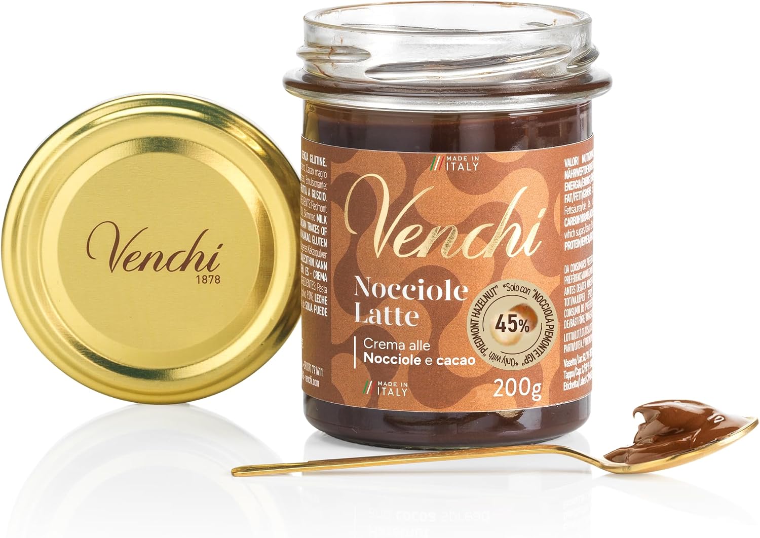 Venchi - Milk Chocolate and Hazelnut Spread, 200 g, with 45% "Piedmont Hazelnut", Gluten-Free, No Colourings and No Preservatives