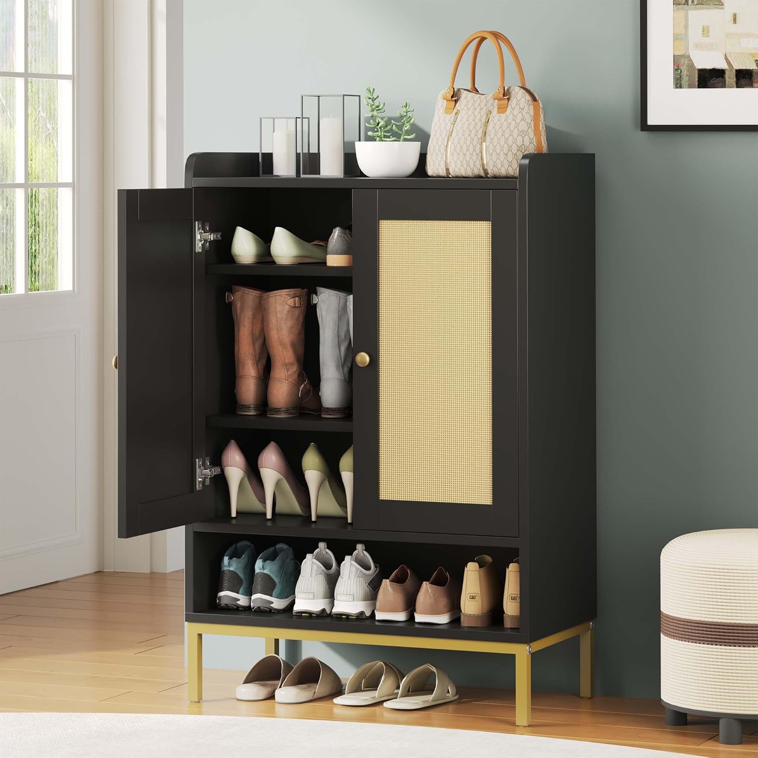 Rattan Shoe Cabinet Storage for Entryway, Shoe Cabinet with Adjustable Shelves for Entryway, 5-Tier, 20 Pair Shoe Rack Storage for Hallway, Closet, Living Room, Black