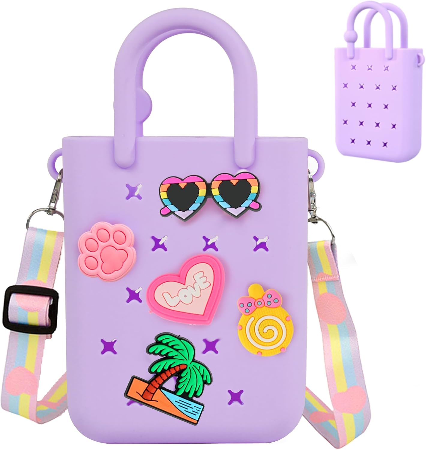 Oudizz Mini Rubber Tote Bag, Silicone Beach Tote for Little Girl & Woman, Cute Bag with 20 Charms & Adjustable Shoulder Strap
