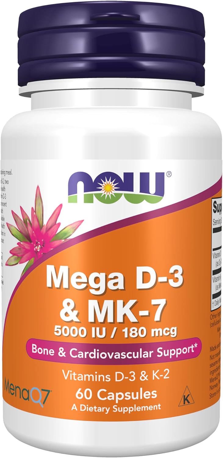 NOW Foods Supplements, Mega D-3 & MK-7 with Vitamins D-3 & K-2, 5,000 IU/180 mcg, Bone & Cardiovascular Support*, 60 Veg Capsules