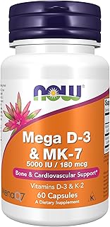 NOW Foods Supplements, Mega D-3 & MK-7 with Vitamins D-3 & K-2, 5,000 IU/180 mcg, Bone & Cardiovascular Support*, 60 Veg Capsules