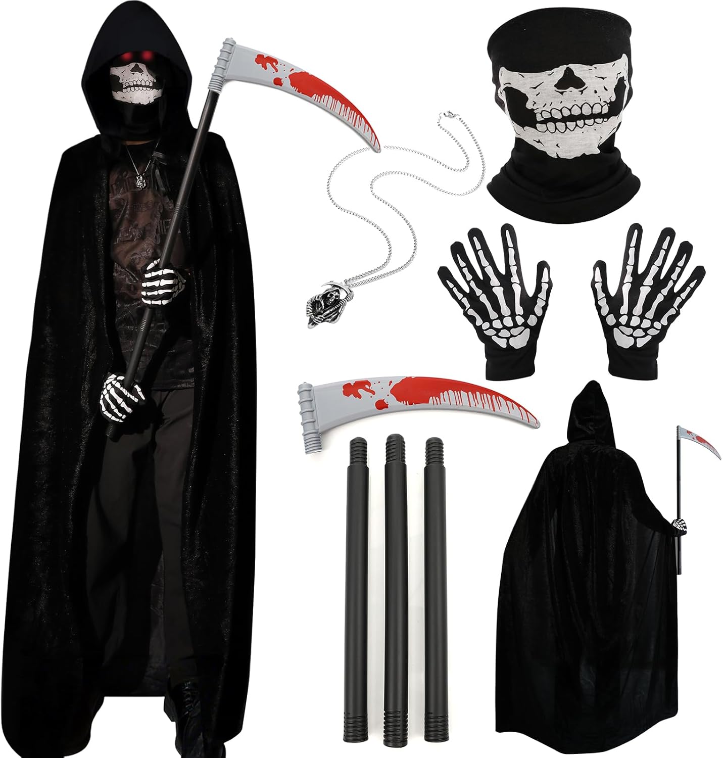 Halloween Costumes for Men & Women, Scary Grim Reaper Adult Costume with Hooded Cloak, Skeleton Mask, Gloves, and Scythe - Perfect Halloween Outfit for Adults