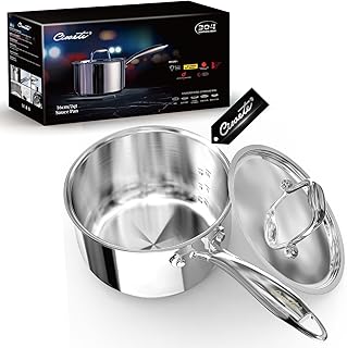 2 Quart Sauce Pan with Lid, Tri Ply Stainless Steel Saucepan 2 Qt with Stainless Steel Lid, 2 Measuring Lines, Upgraded Packaging, Cool Ergonomic Handle, Dishwasher & Oven Safe