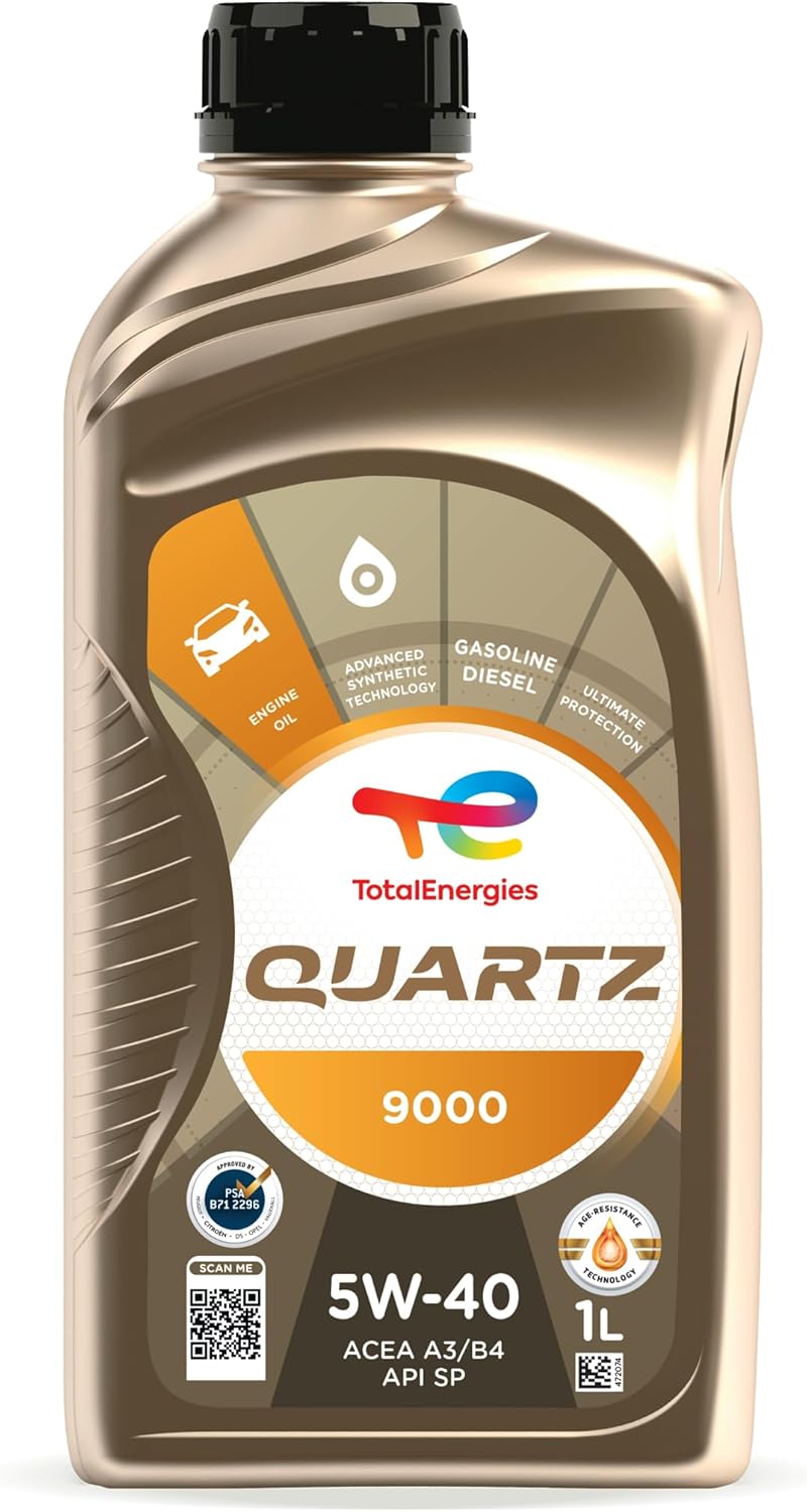 TotalEnergies Quartz 9000 5W40 Engine Oil ACEA A3/B4, API CF/SP Age-Resistance Technology Fuel Economy Formula Advanced Synthetic Motor Oil Lubricant 1L