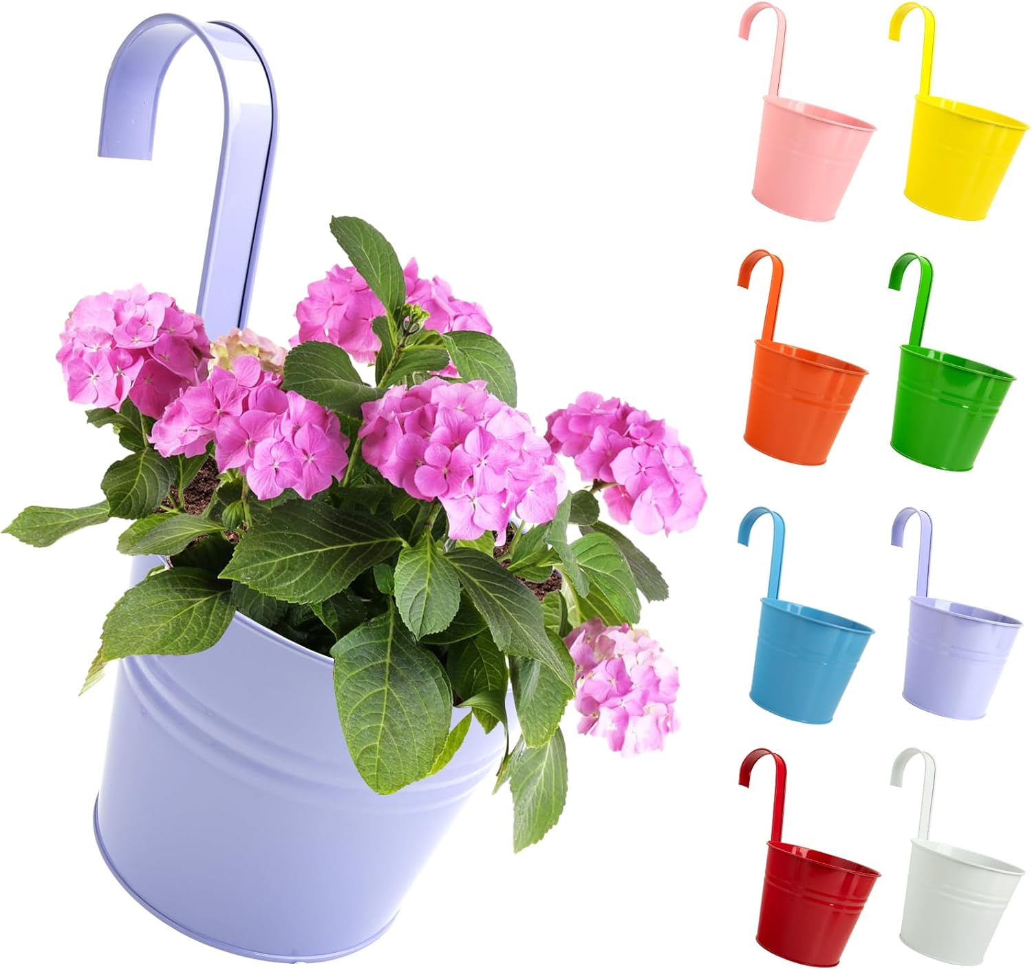 XXXFLOWER 16cm Hanging Metal Flower Pots，Hanging Garden Planter with Detachable Hooks and Drainage Hole，Balcony Home Garden Decor(8 Pcs with Mixed 8 Colours)