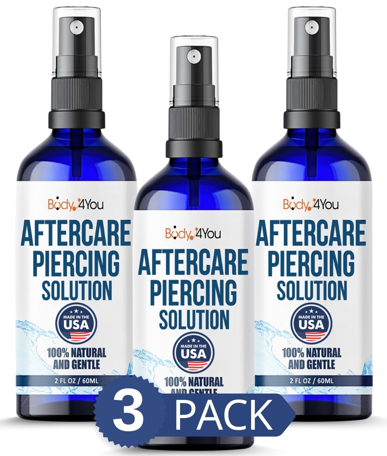 BodyJ4You Piercing Aftercare Spray - Saline Solution Natural Keloid Bump Removal - Ear Piercing Cleaner Nose Septum Belly Button Cartilage - Sea Salt Aloe Vera Rosemary - Fine Mist 3 x 2 Fl Oz