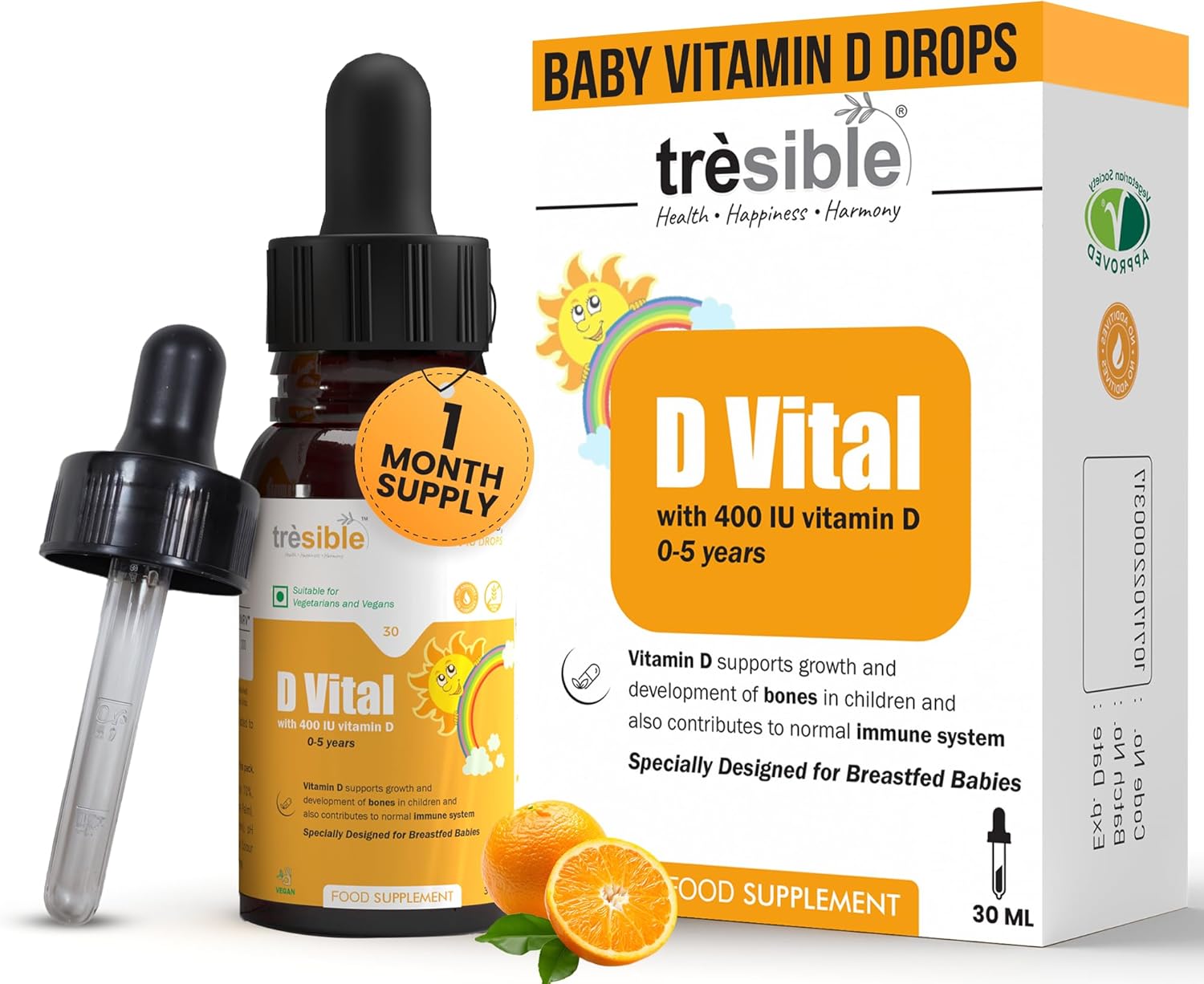 Tresible Vitamin D Drops Baby Newborn to 5 Years with Dropper - 400 IU Vegan Baby Vitamin D Drops Support Teeth, Bones, and Muscles - 30ml Immune Support Breastfeeding Vitamins D3 for Healthy Growth