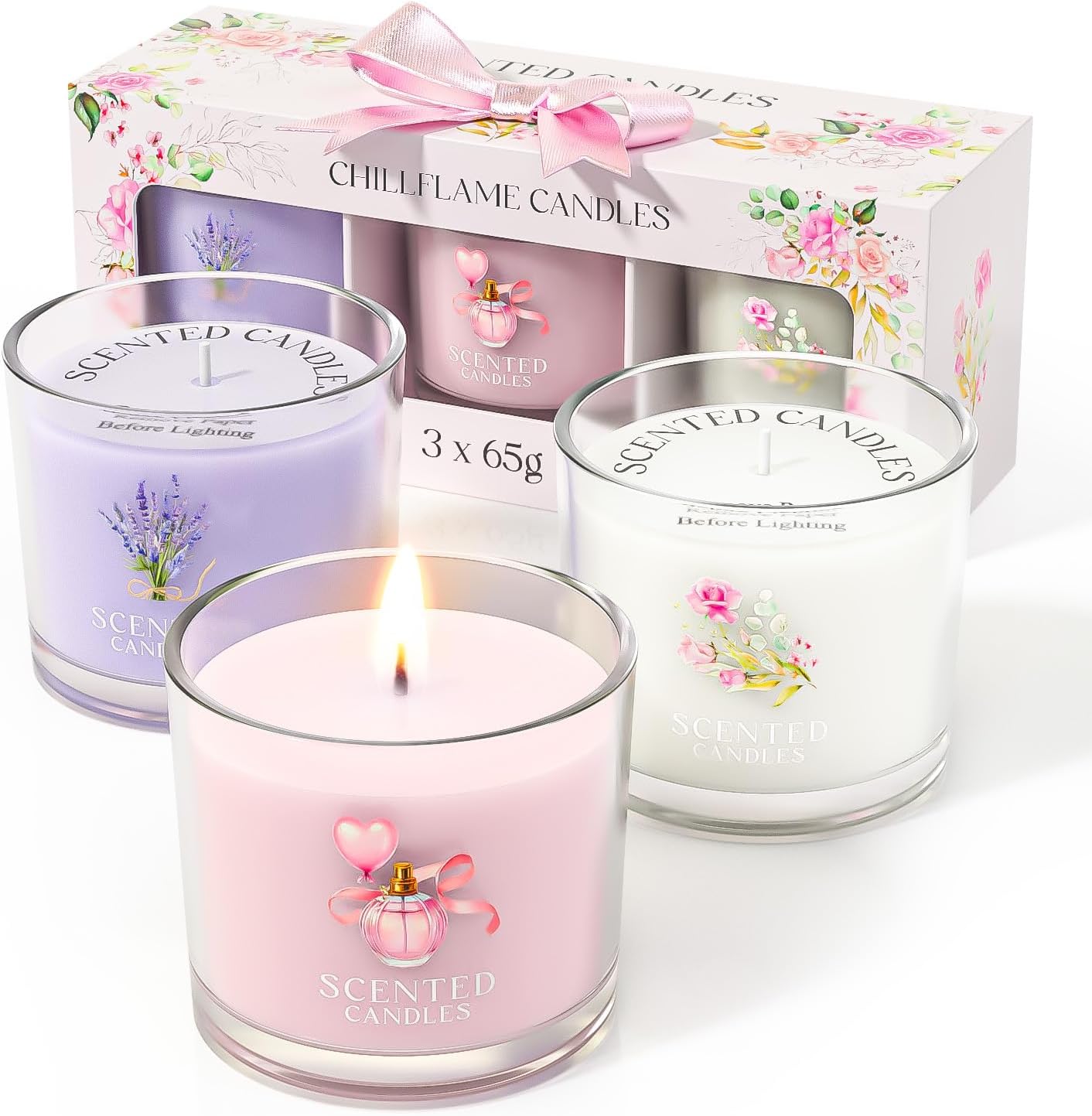 CHILLFLAME Candle Set, Scented Candle Gift Set for Her, 3 Scented Votive Candles, Birthday Gifts for Women/Men (Pink+Purple+White, 200g)