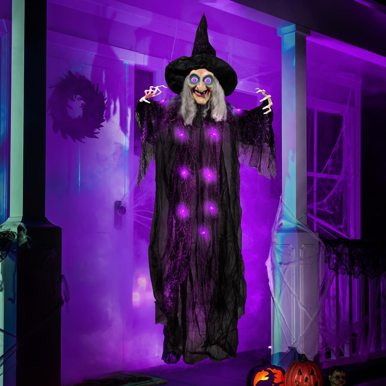 JOYIN 72” Halloween Decorations Indoor Hanging Talking Witch Decor, Light Up Ghost with Purple Eyes Sound Activation Haunted House Party Supplies Prop