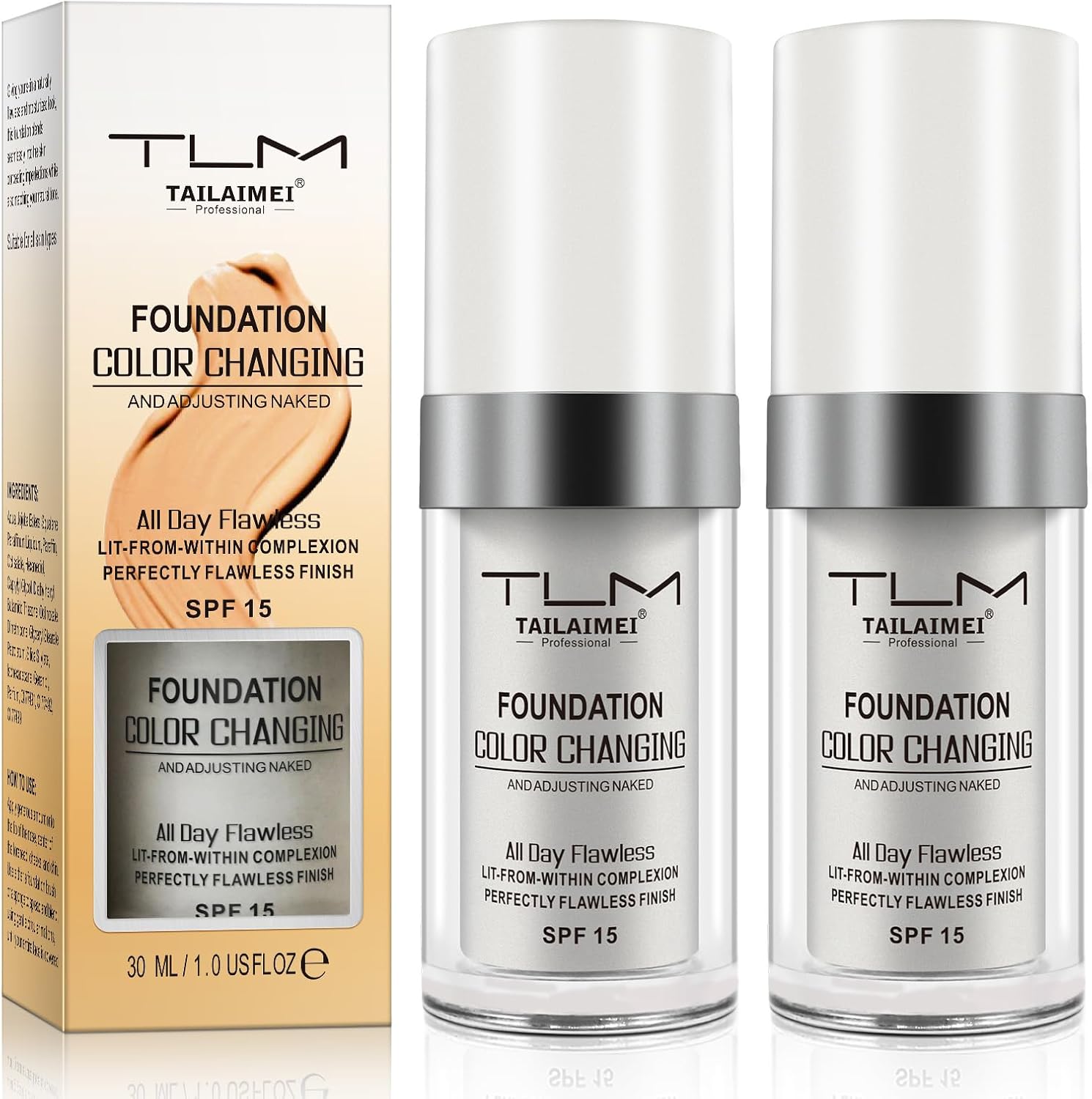 Colour Changing Foundation, 2Pack Flawless Color Changing Foundation Makeup Base Moisturizing Liquid Foundation for Women, Concealer Cover, Sunscreen, Naturally,Non-Greasy,Long Lasting