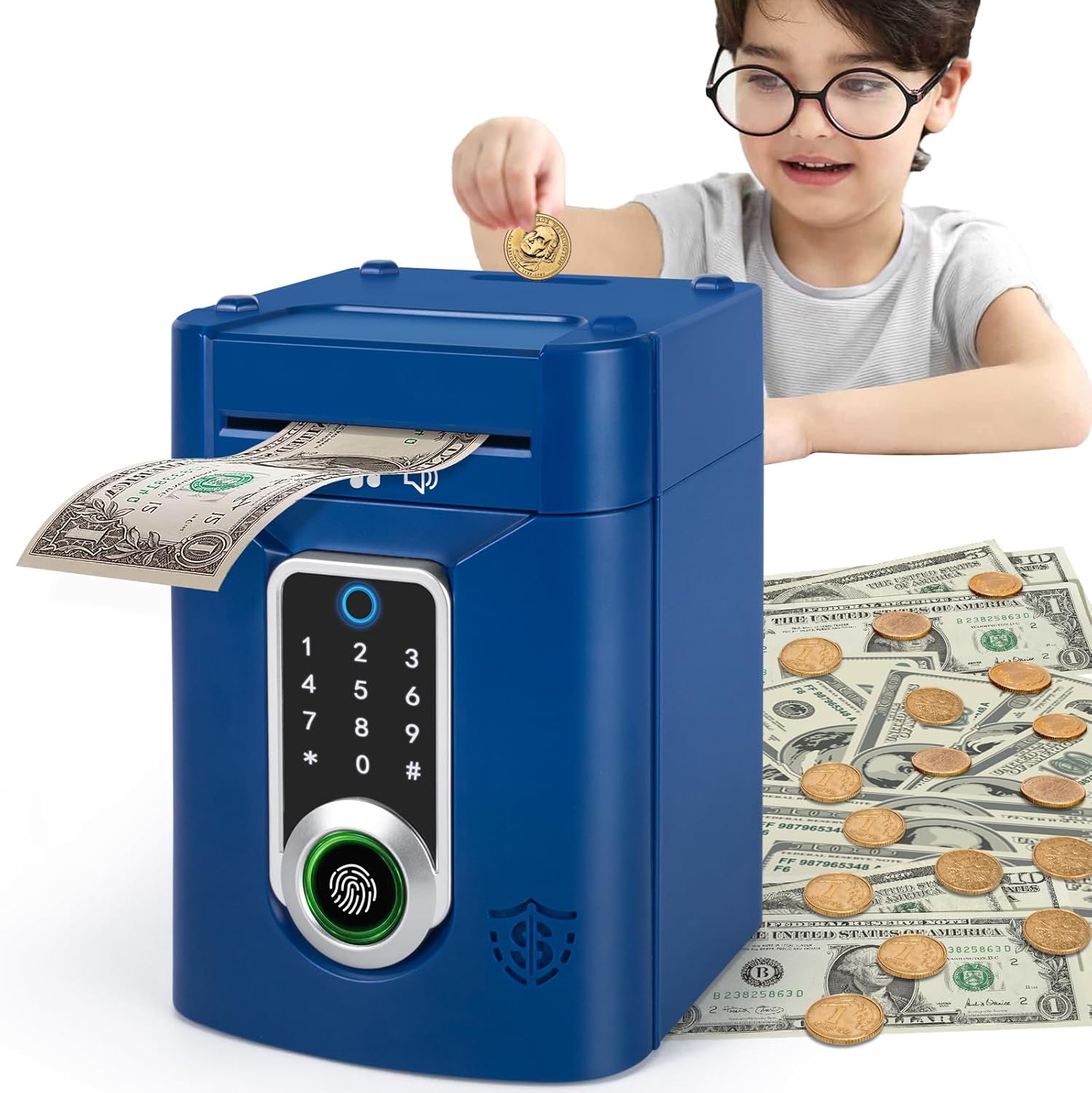 Refasy Piggy Bank for Kids, Electronic Money Bank Kids Piggy Bank for Boys Toys Touchscreen ATM Piggy Banks Money Saving Box for Boys Girls Gifts Toys Coin Bank with Music(Blue)