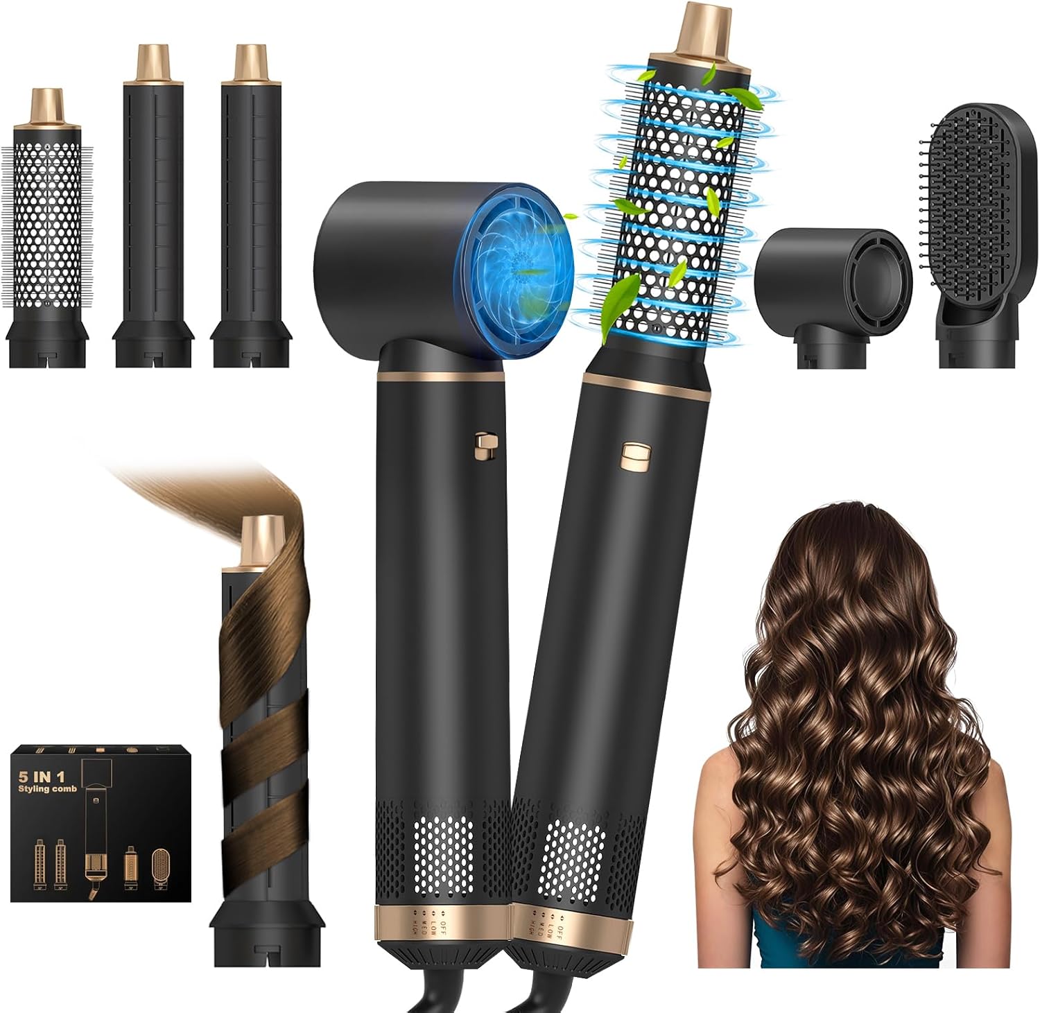 5 in 1 Hair Styler, Magic Styler, 1000W Air Styler with Auto Curling Wands, Multi-use Ionic Hair Blow Dryer Brush Set for All Hair Type/Length,110,000 RPM, Dry, Curl, Straighten Women Gifts
