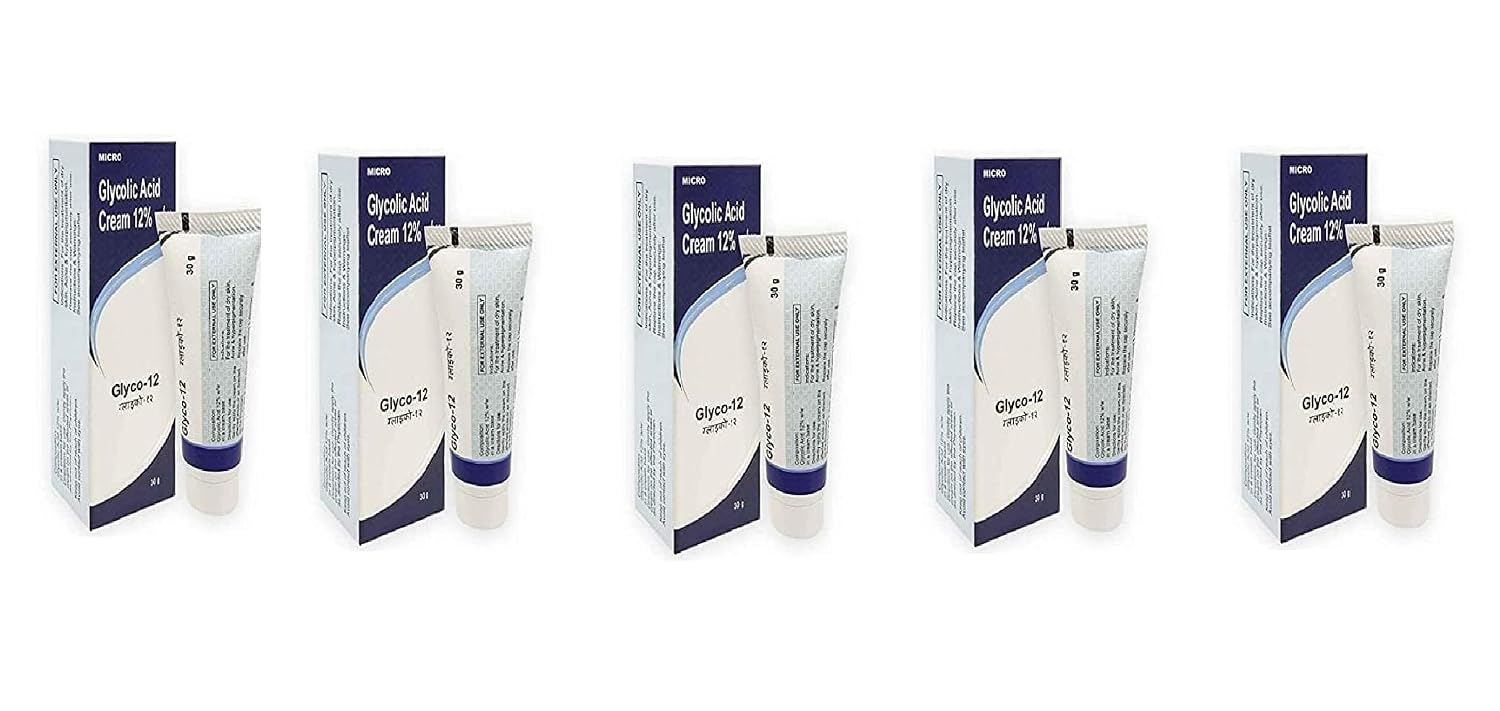 Glyco Acid 12% W/w Skin Peel Cream for All Skin types Treatment For Face Anti-Aging Wrinkles & Dark Spots -1.01 Floz (Glyco Acid 12% W/w Cream Pack of 5) 30gram each
