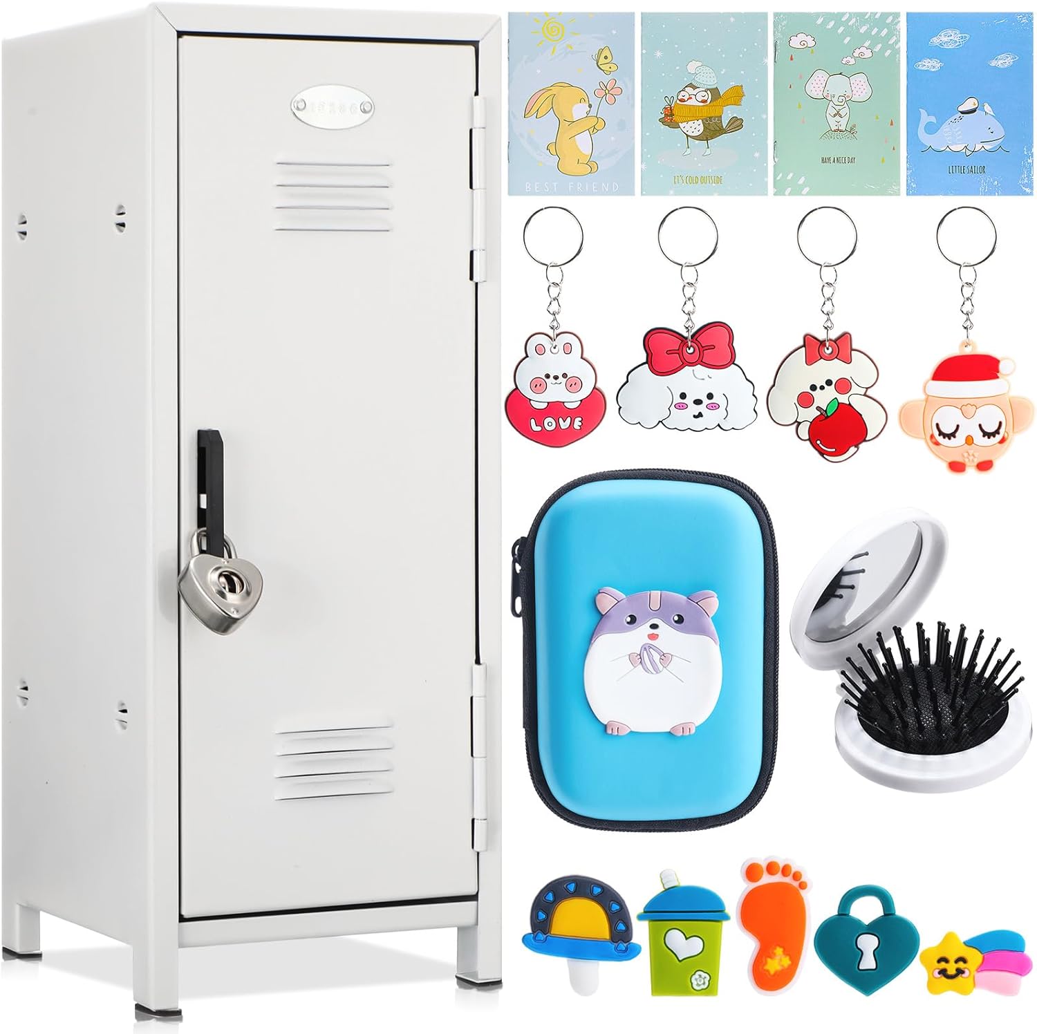 Vercraft 12 Pcs Mini Locker 10.8 Inch Miniature Storage with Lock and 2 Keys Small Cute Functional Locker for Desktop Bedroom Home Office (White,Animal)